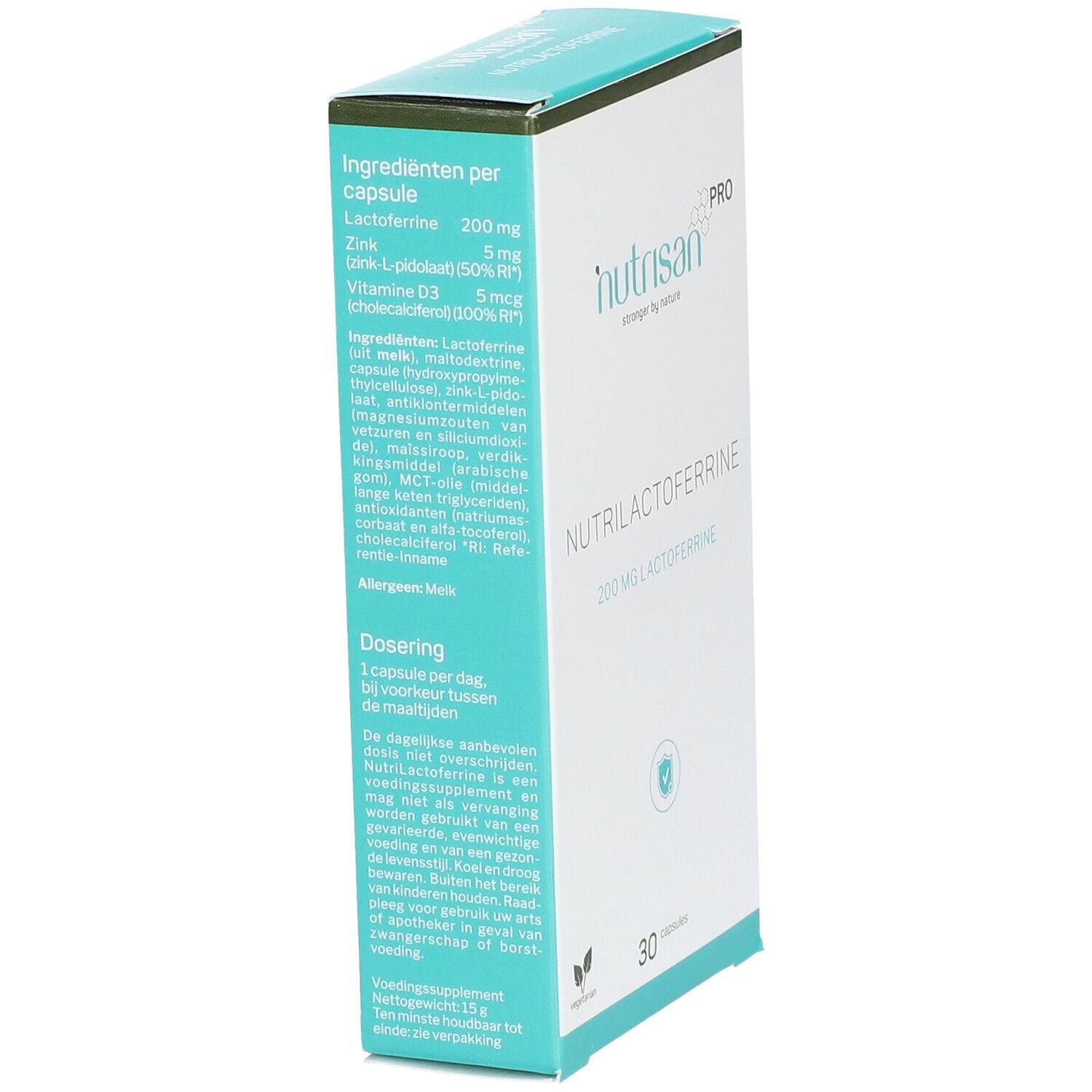 Boîte avec "Nutrisan Pro" et "Nutrilactoferrine". Contient 30 gélules. Inscription : 200 mg de lactoferrine. Ingrédients et dosage.