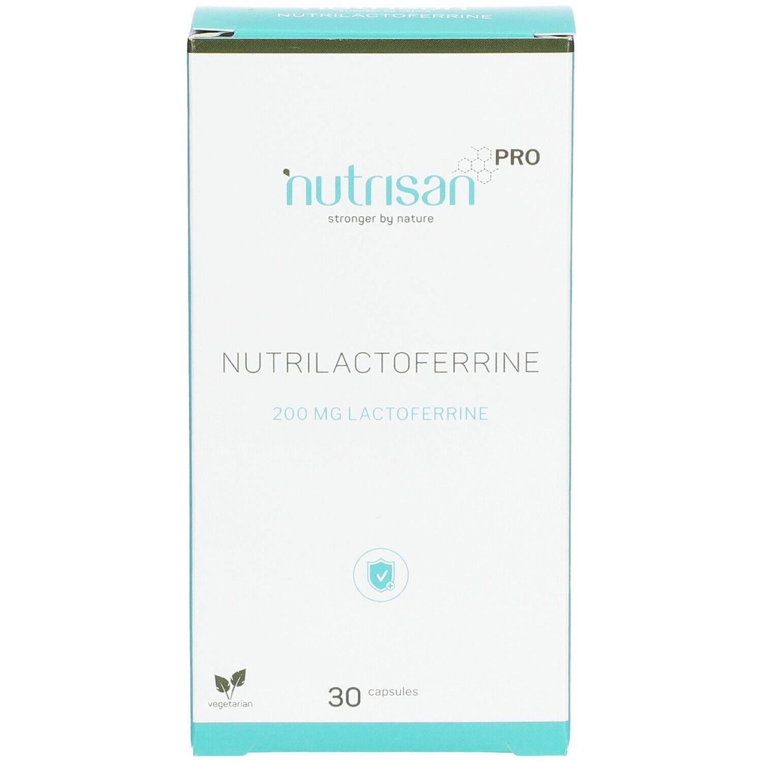 Boîte blanche avec "Nutrisan Pro" et "Nutrilactoferrine". Contient 30 gélules. Inscription : 200 mg de lactoferrine.