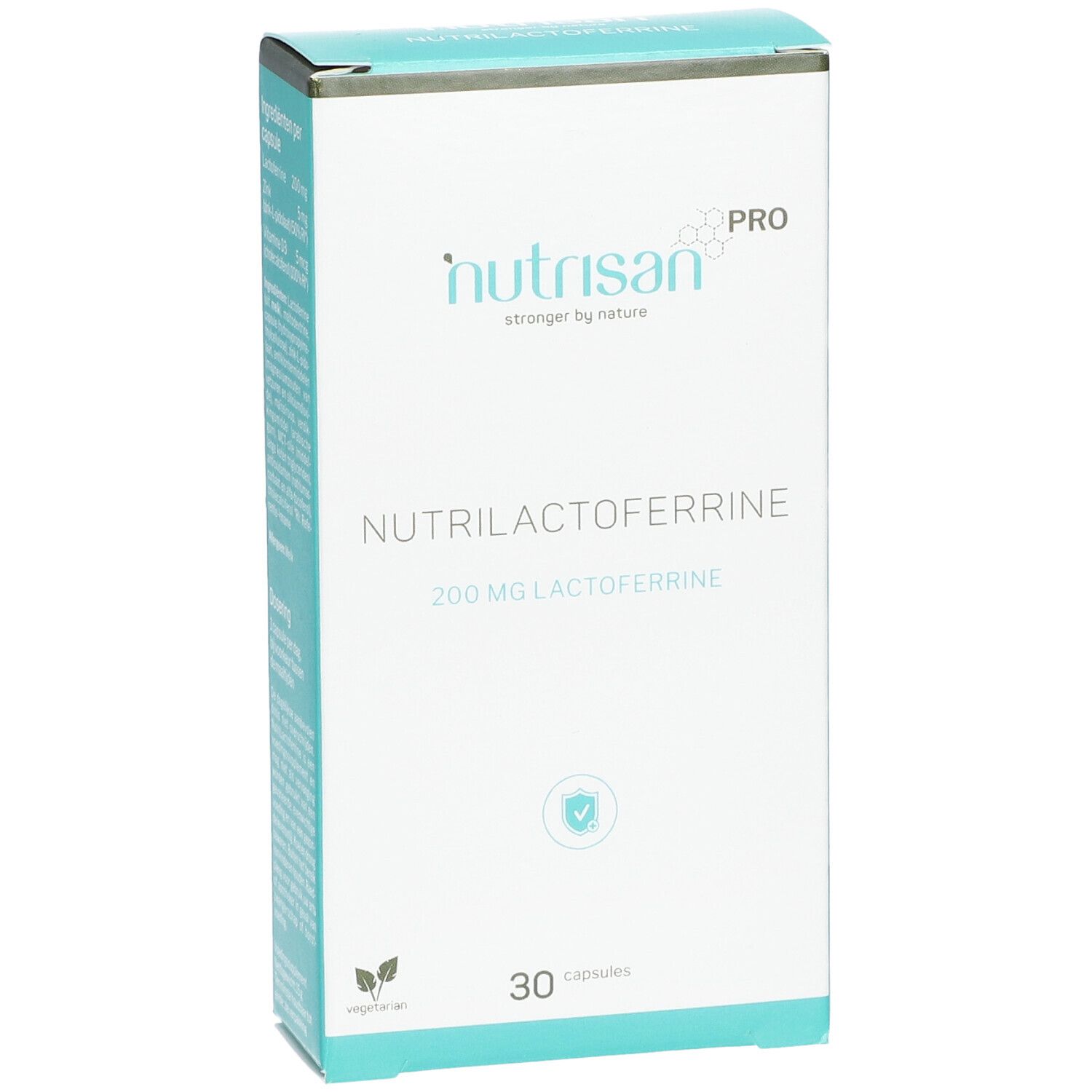 Boîte blanche avec "Nutrisan Pro" et "Nutrilactoferrine". Contient 30 gélules. Inscription : 200 mg de lactoferrine.