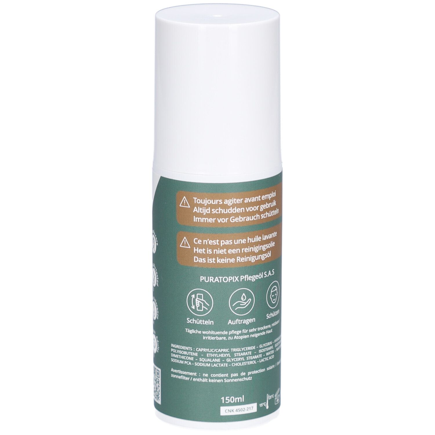 Flacon blanc avec étiquette verte. Texte: Puratopix Huile S.A.S. Olie S.A.S. Avertissements et ingrédients.