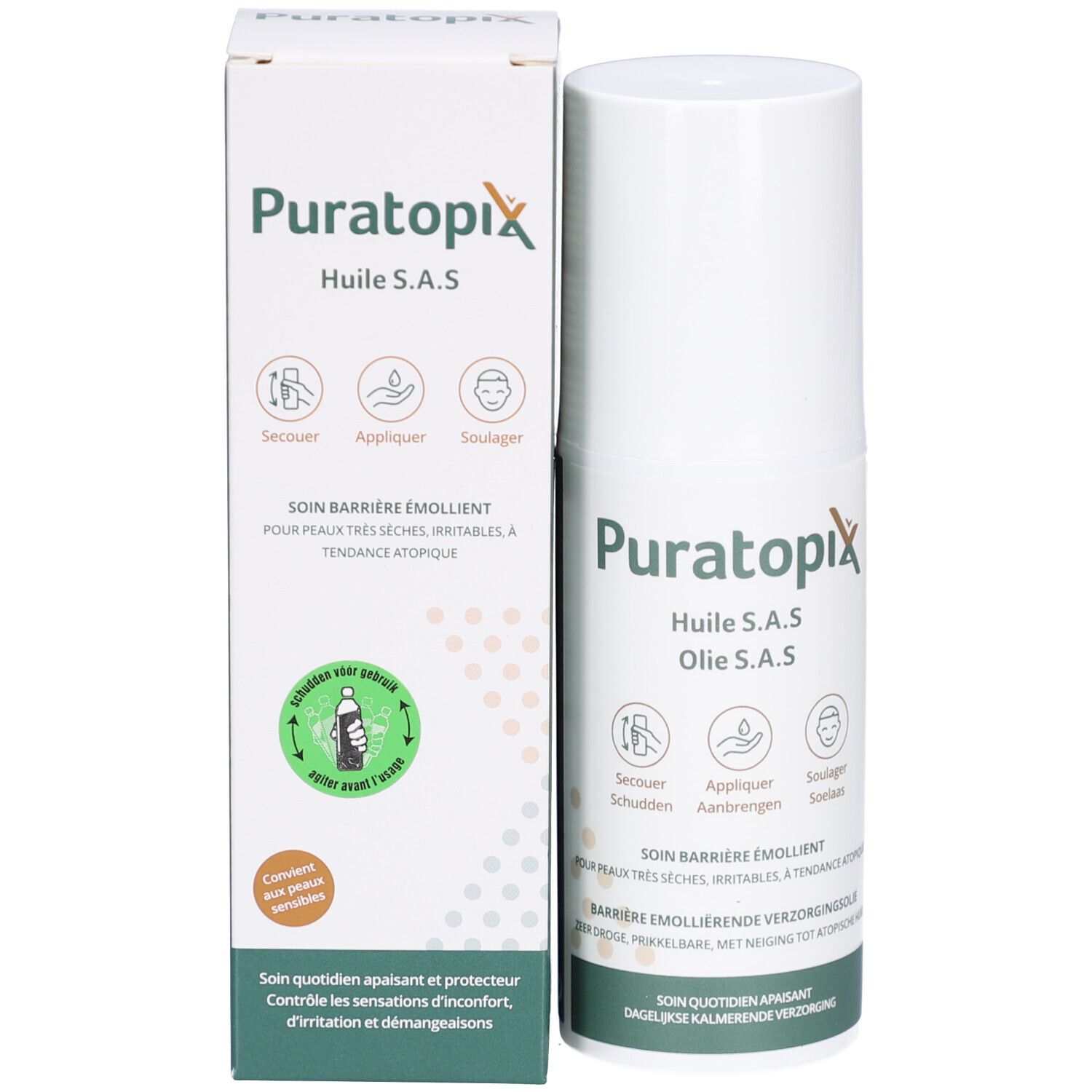 Emballage du produit avec flacon et boîte. Texte: Puratopix Huile S.A.S. Olie S.A.S. Soin barrière émollient.