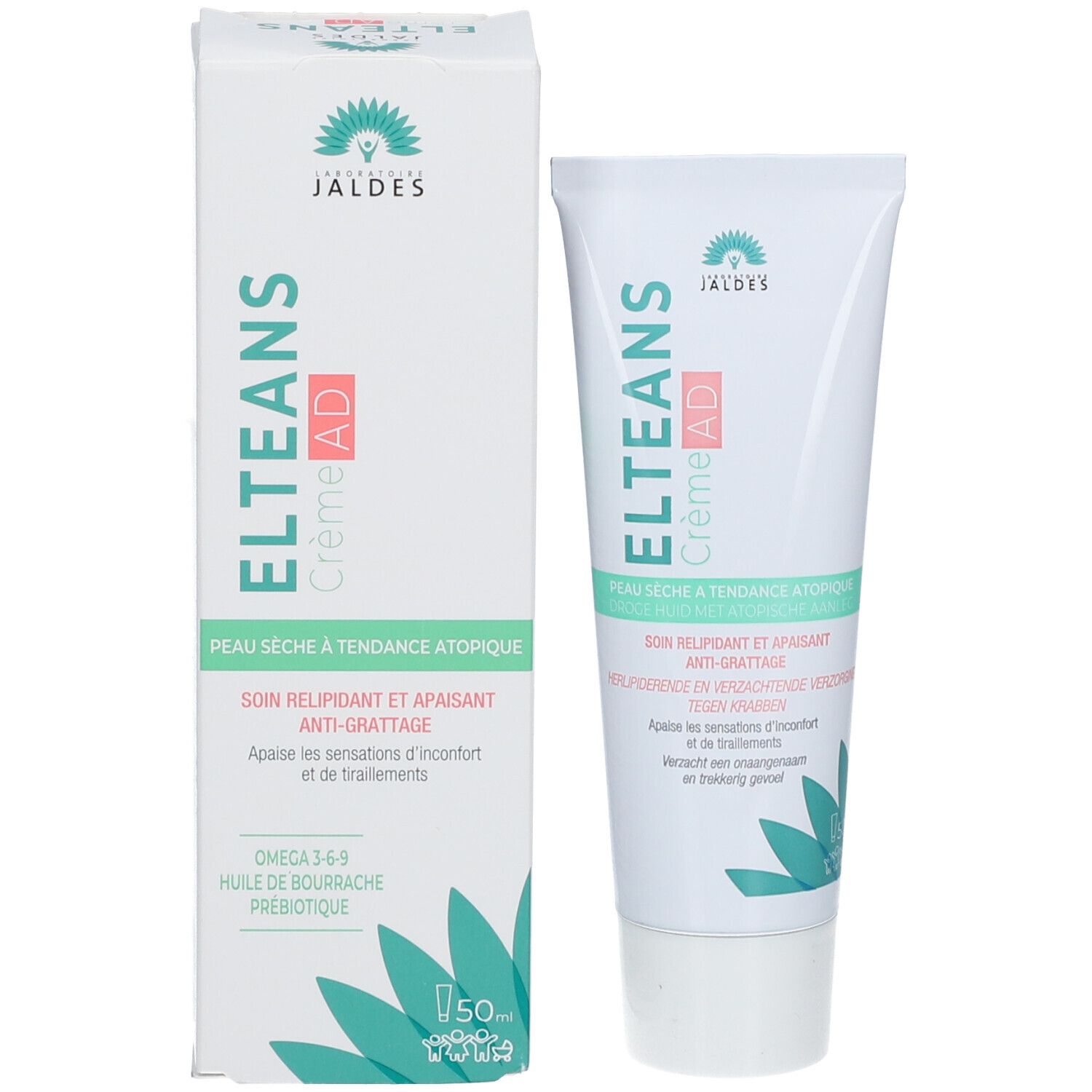 Emballage du produit et tube. Emballage: blanc avec texte vert et rouge. Tube: blanc avec texte vert et rouge.