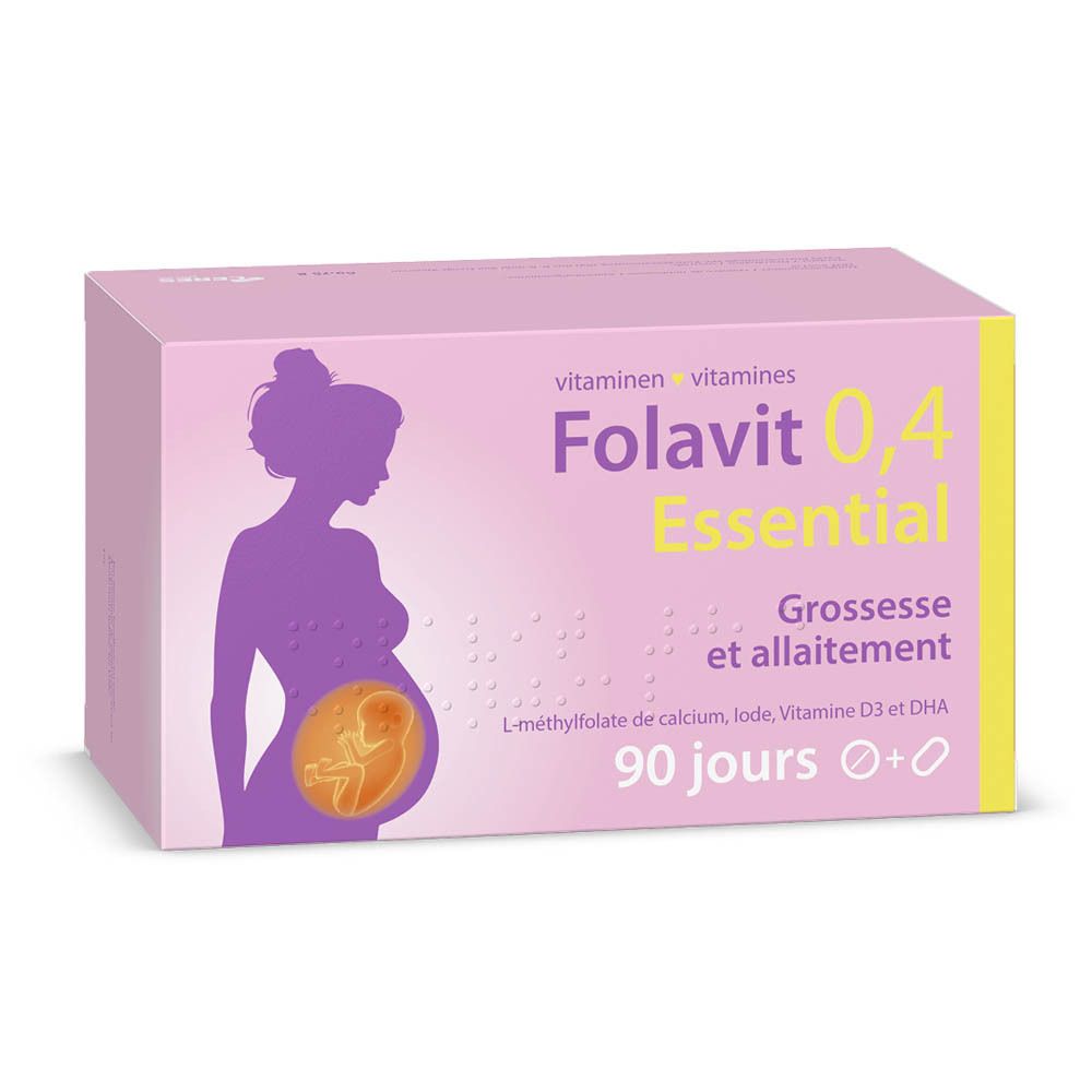 Boîte rose Folavit 0,4 Essential. Silhouette femme enceinte. Texte: Grossesse et allaitement, 90 jours. Vitamines.