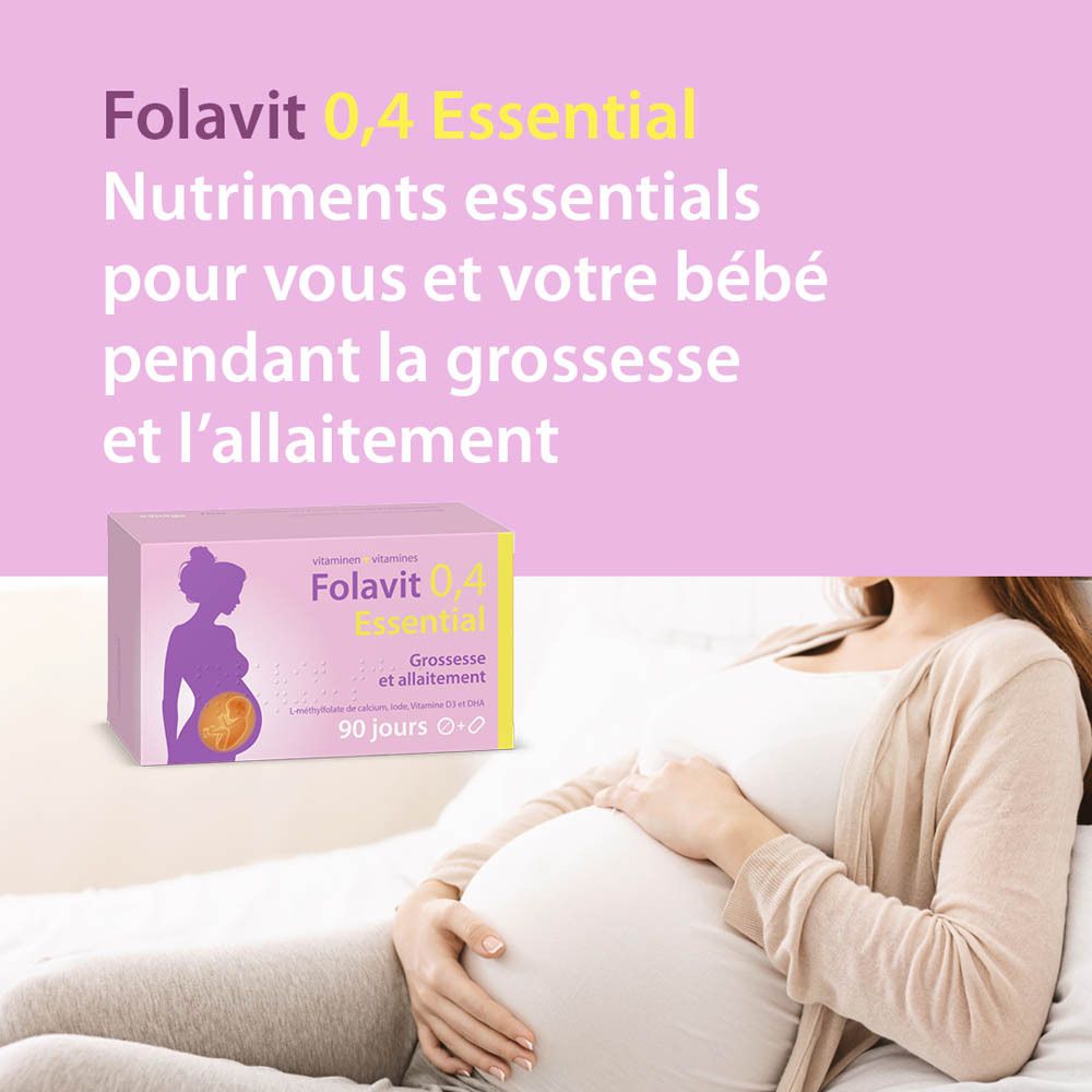 Folavit 0,4 Essential. Texte: Nutriments essentiels pour vous et votre bébé pendant la grossesse et l'allaitement. Femme au lit.