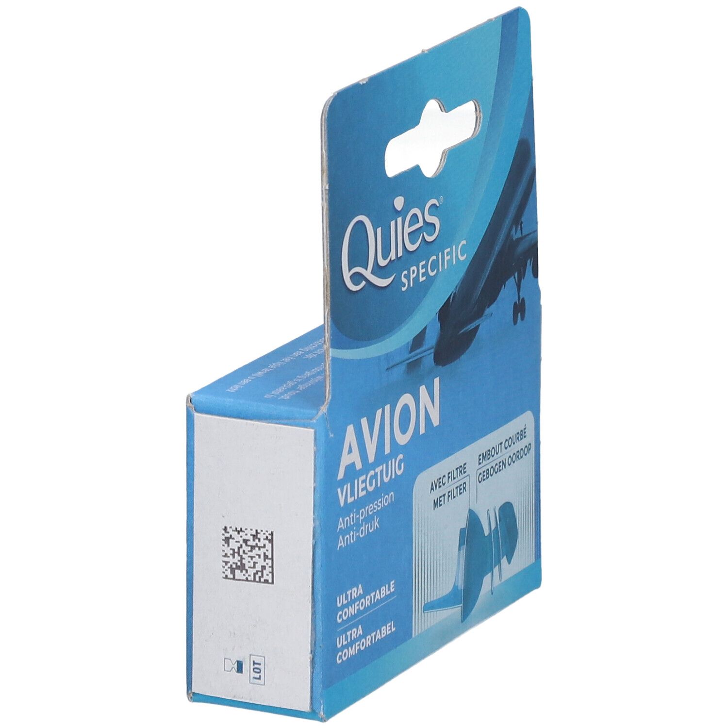 Boîte bleue avec 'Avion' et illustration d'avion. Texte : 'Anti-pression'. Marque : Quies.