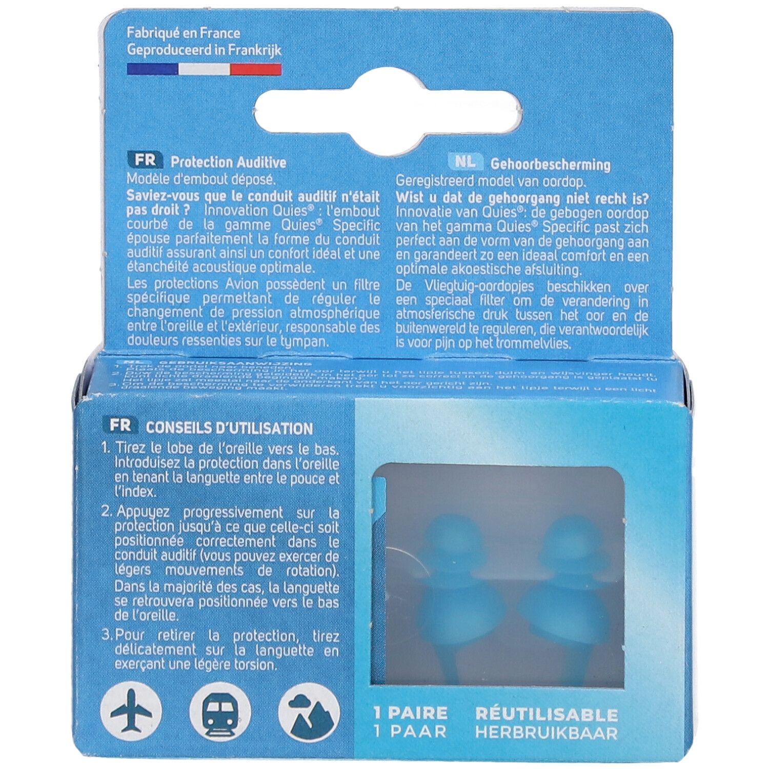 Boîte bleue avec deux bouchons d'oreille bleus. Textes en français et néerlandais. '1 PAIRE'. Réutilisable.