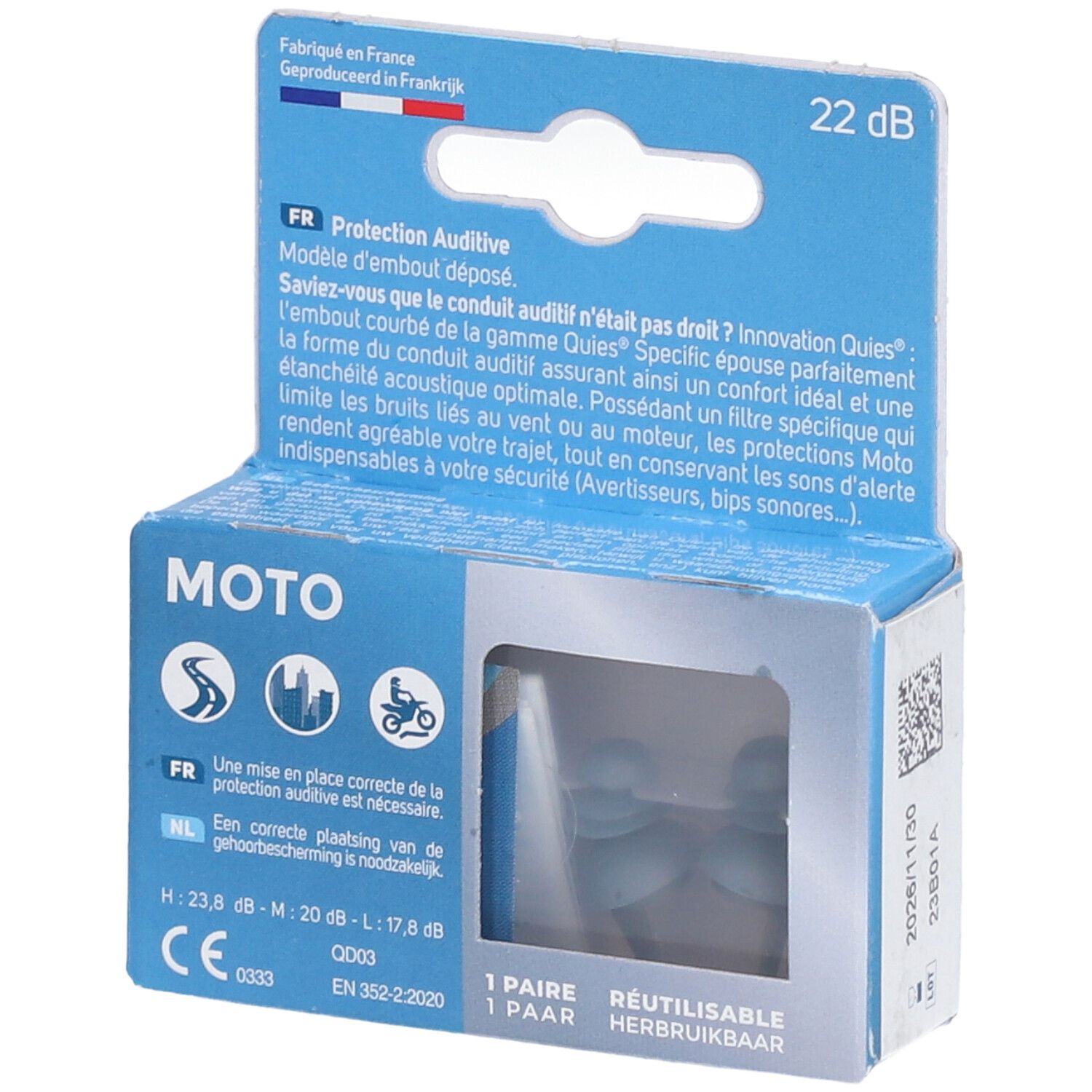 Boîte de protection auditive QUIES Moto. Bouchons bleus dans emballage transparent. Texte: 22 dB, Moto, 1 paire, réutilisable.
