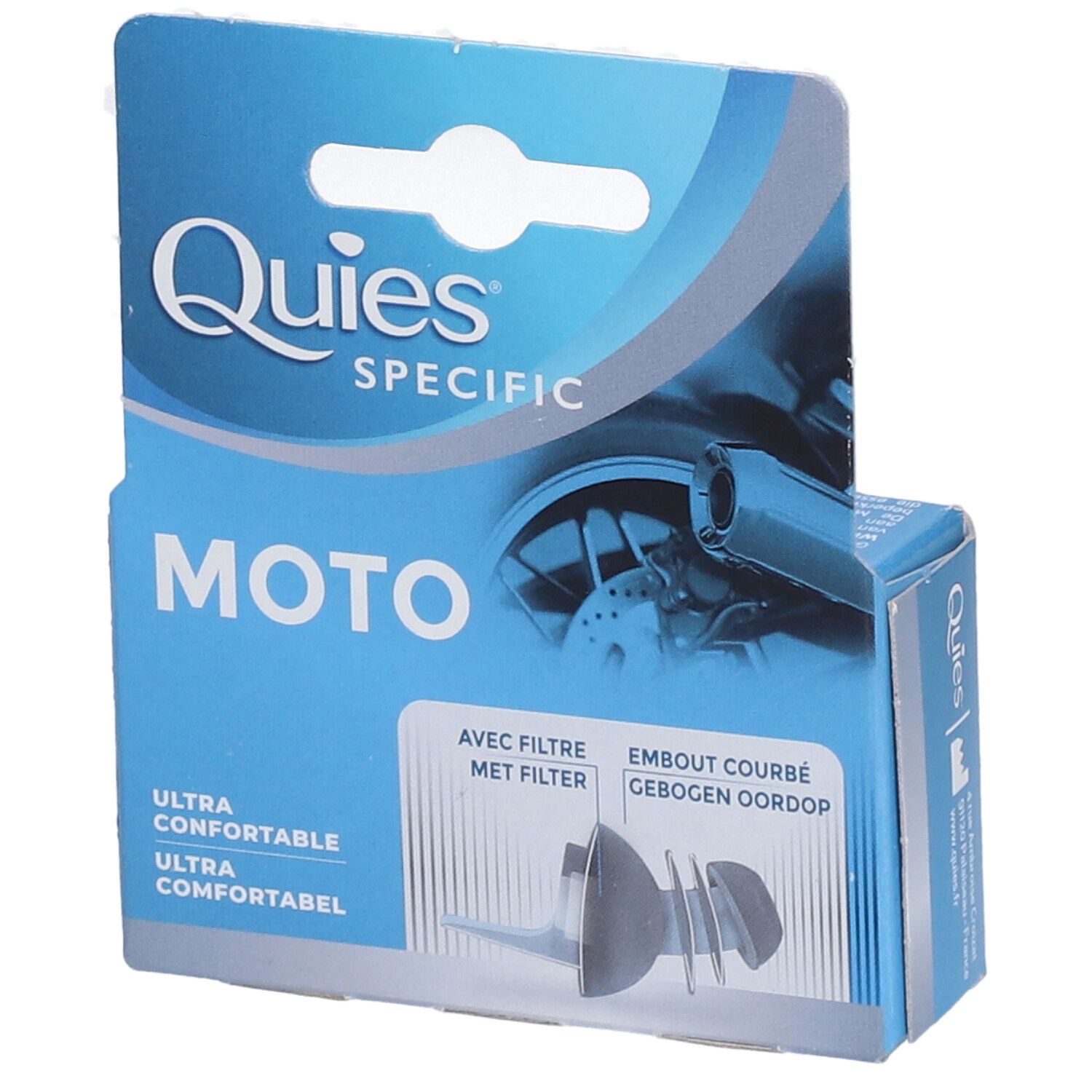 Boîte QUIES Specific Moto. Boîte bleue et blanche. Bouchons d'oreille illustrés. Texte: Quiès, Moto, Ultra Confortable, avec filtre.