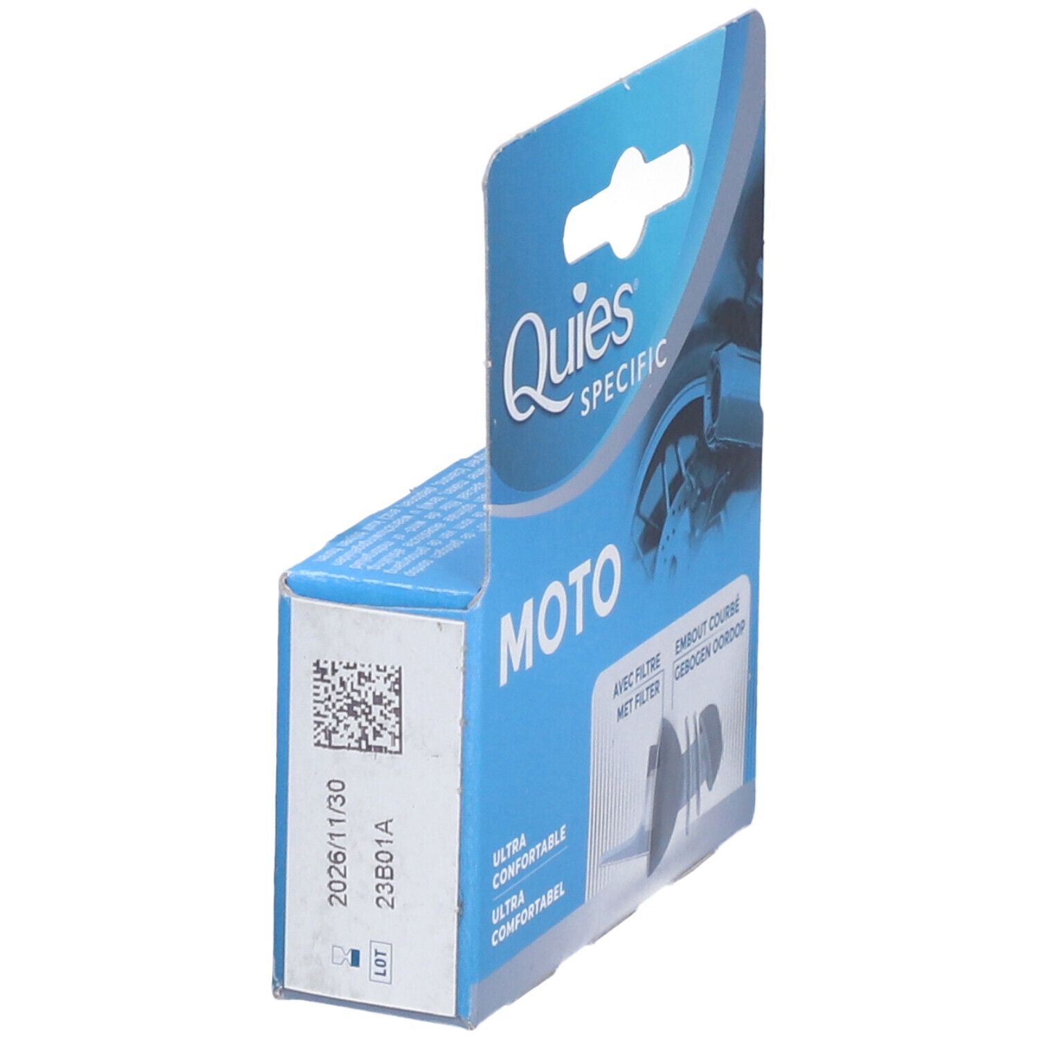 Boîte QUIES Specific Moto. Boîte bleue avec code QR. Texte: Quiès, Moto, Ultra Confortable, avec filtre.