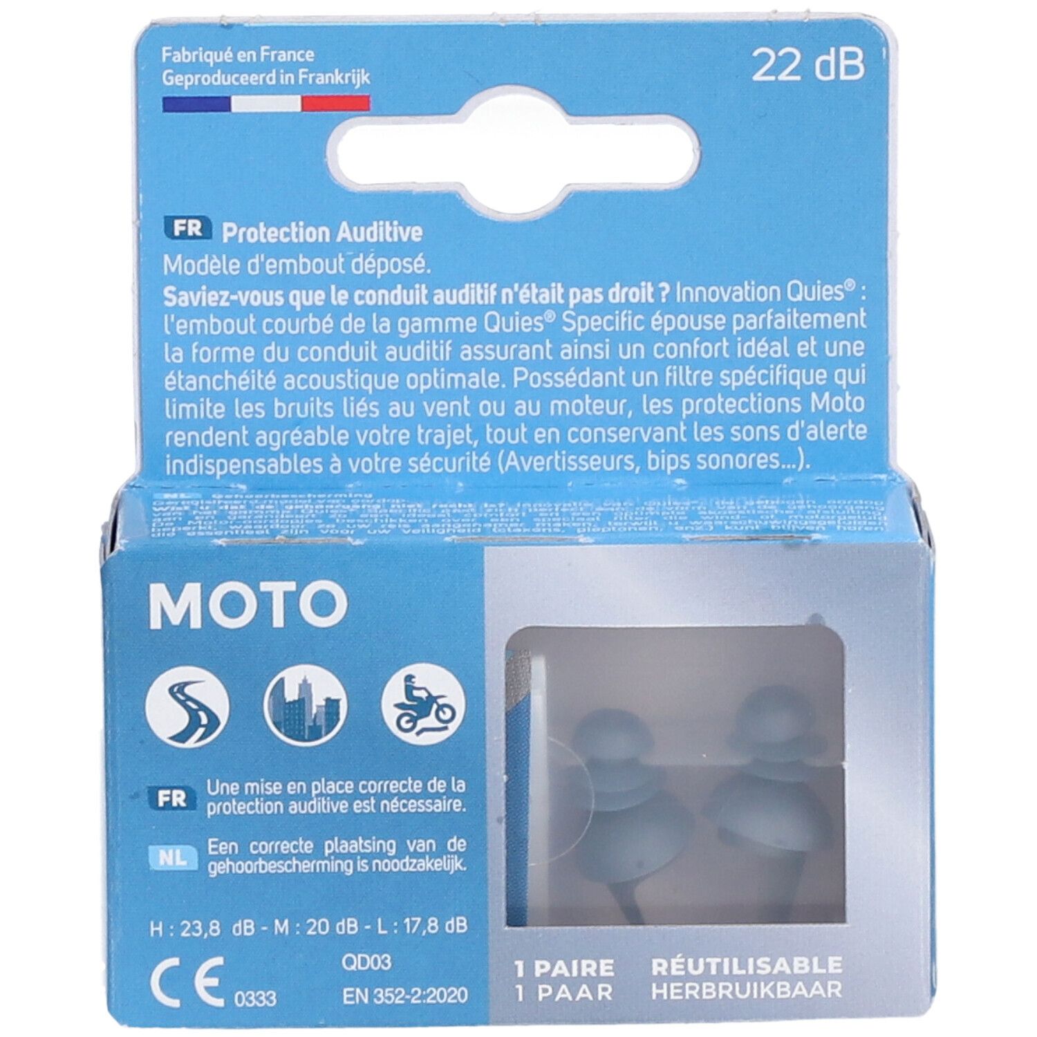 Boîte de protection auditive QUIES Moto. Bouchons bleus dans emballage transparent. Texte: 22 dB, Moto, 1 paire, réutilisable.