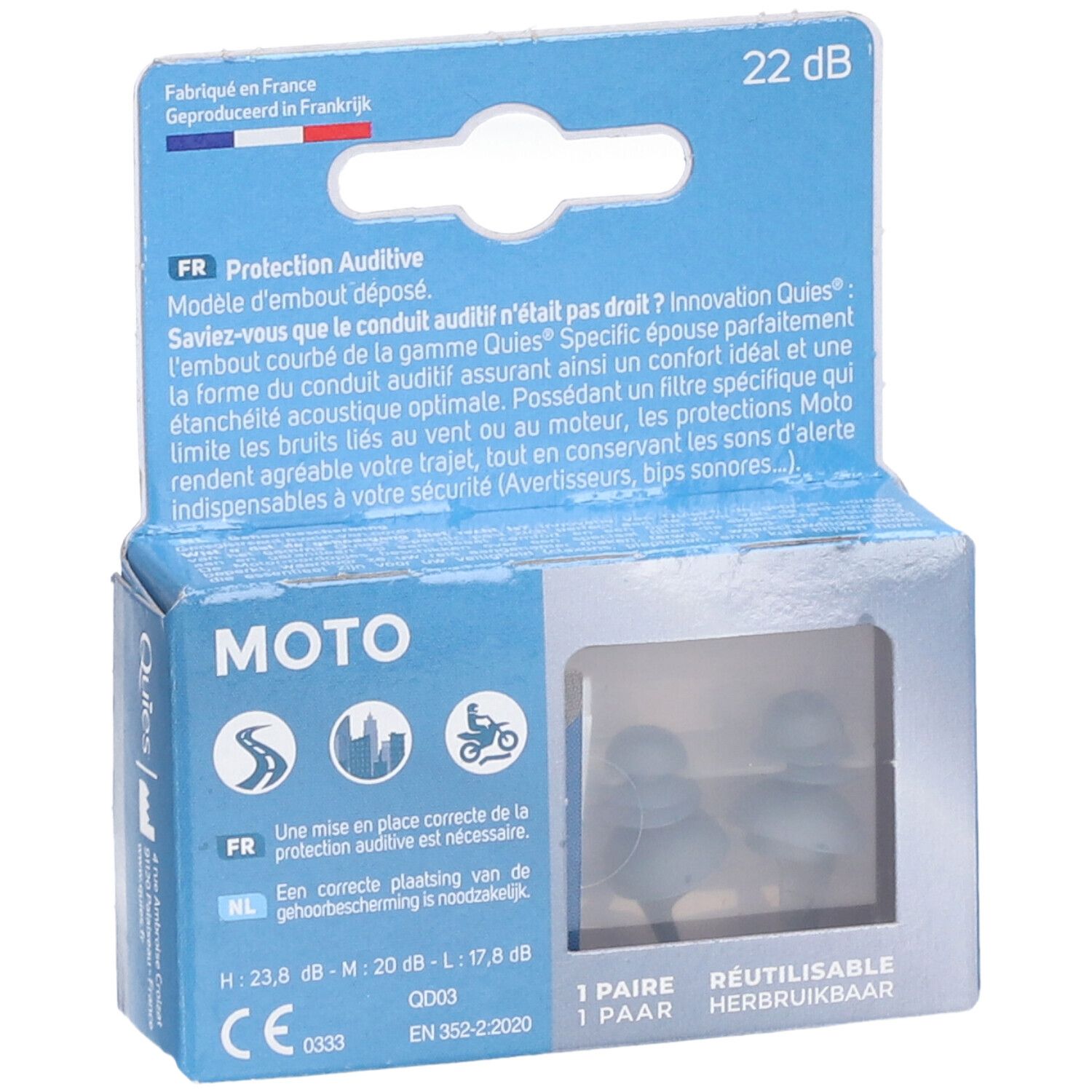 Boîte QUIES Moto. Boîte bleue avec bouchons d'oreille dans emballage transparent. Texte: 22 dB, Moto, 1 paire, réutilisable.