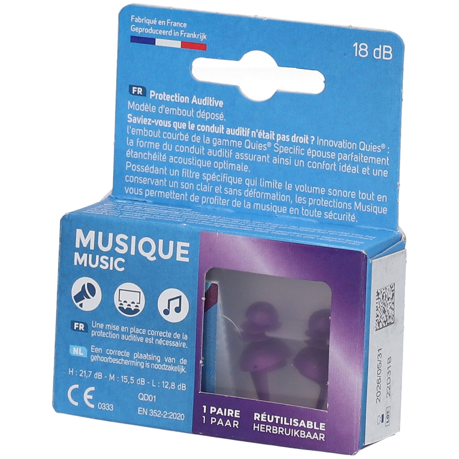 Boîte de QUIES Specifix Musique 18 dB. Deux bouchons d'oreille violets sont visibles dans un emballage transparent.
