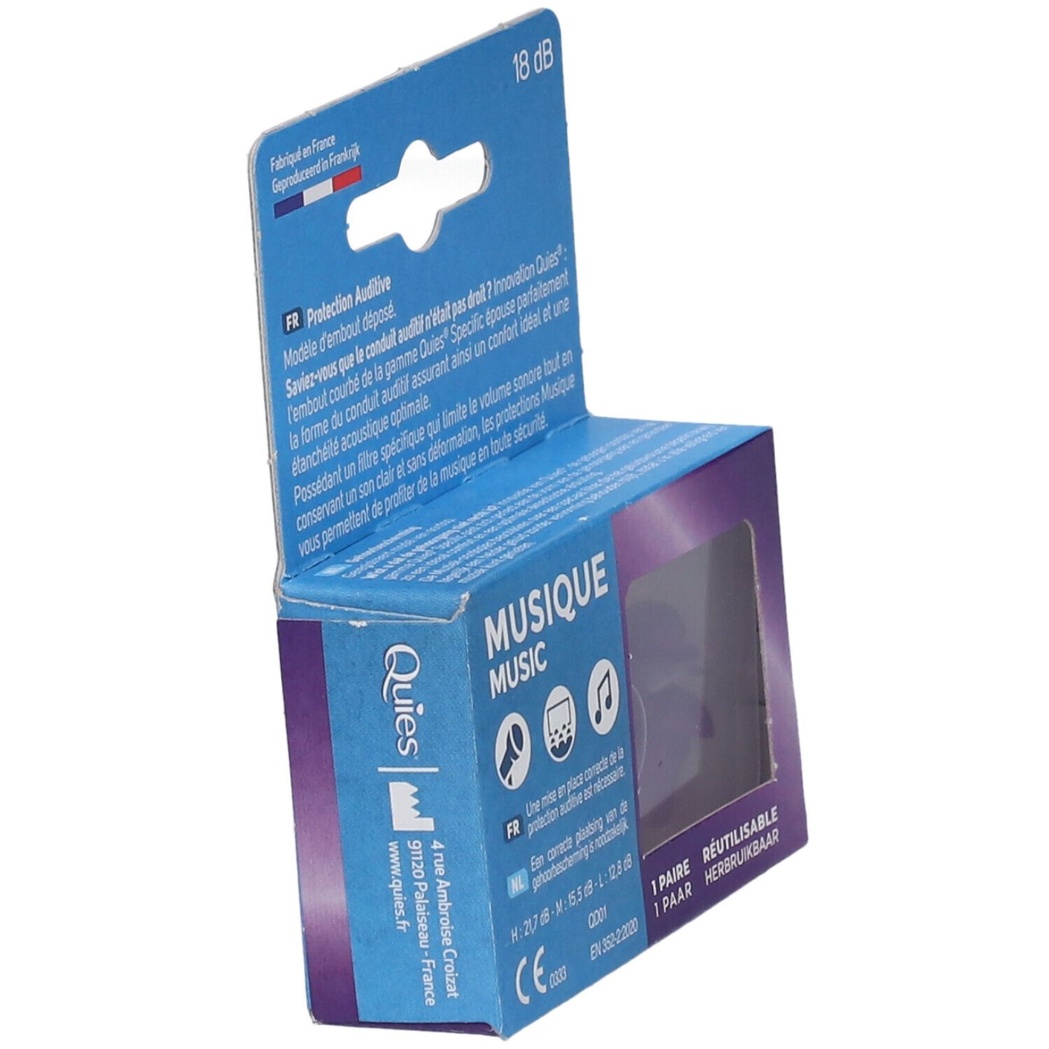 Boîte de QUIES Specifix Musique 18 dB en biais. Le nom du produit et les bouchons d'oreille sont visibles dans l'emballage.