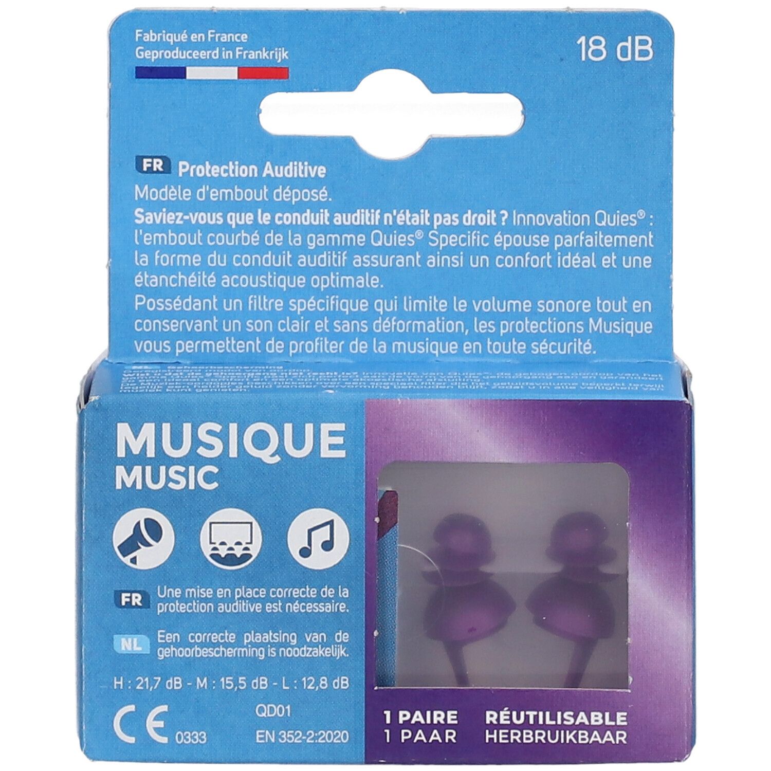 Boîte de QUIES Specifix Musique 18 dB. Deux bouchons d'oreille violets dans l'emballage. Informations imprimées.