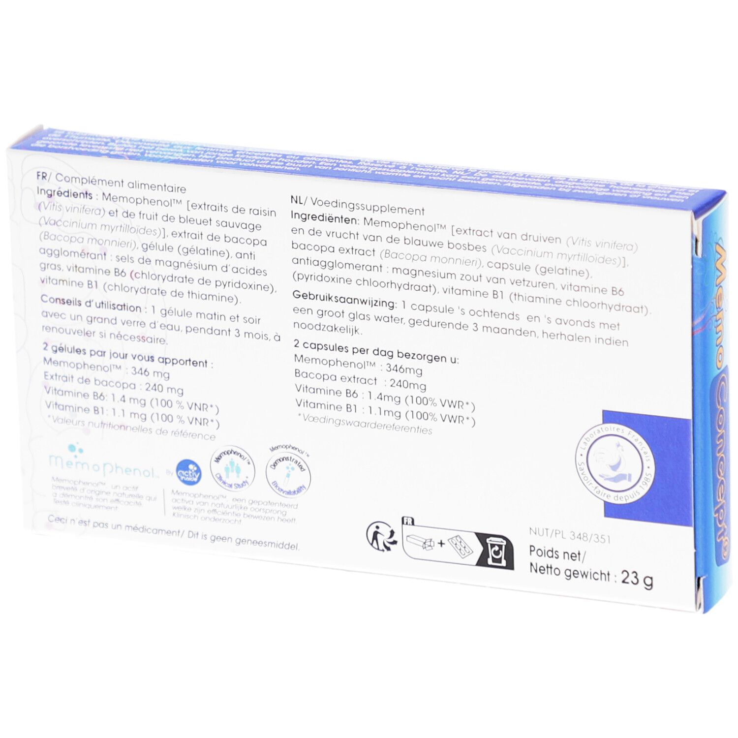 Dos de la boîte Memoconcept. Contient ingrédients, mode d'emploi et informations nutritionnelles.