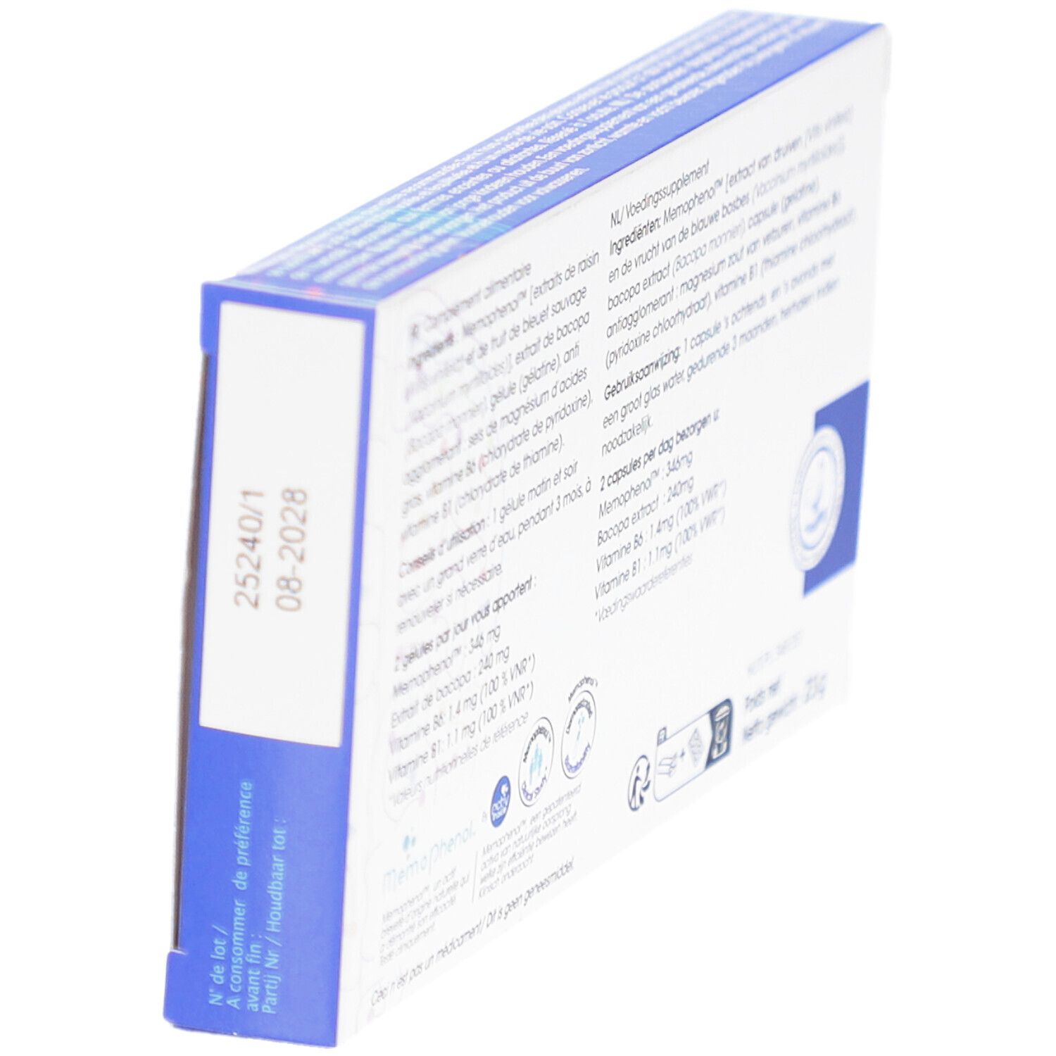 Dos de la boîte Memoconcept en biais. Contient ingrédients, mode d'emploi et informations nutritionnelles.