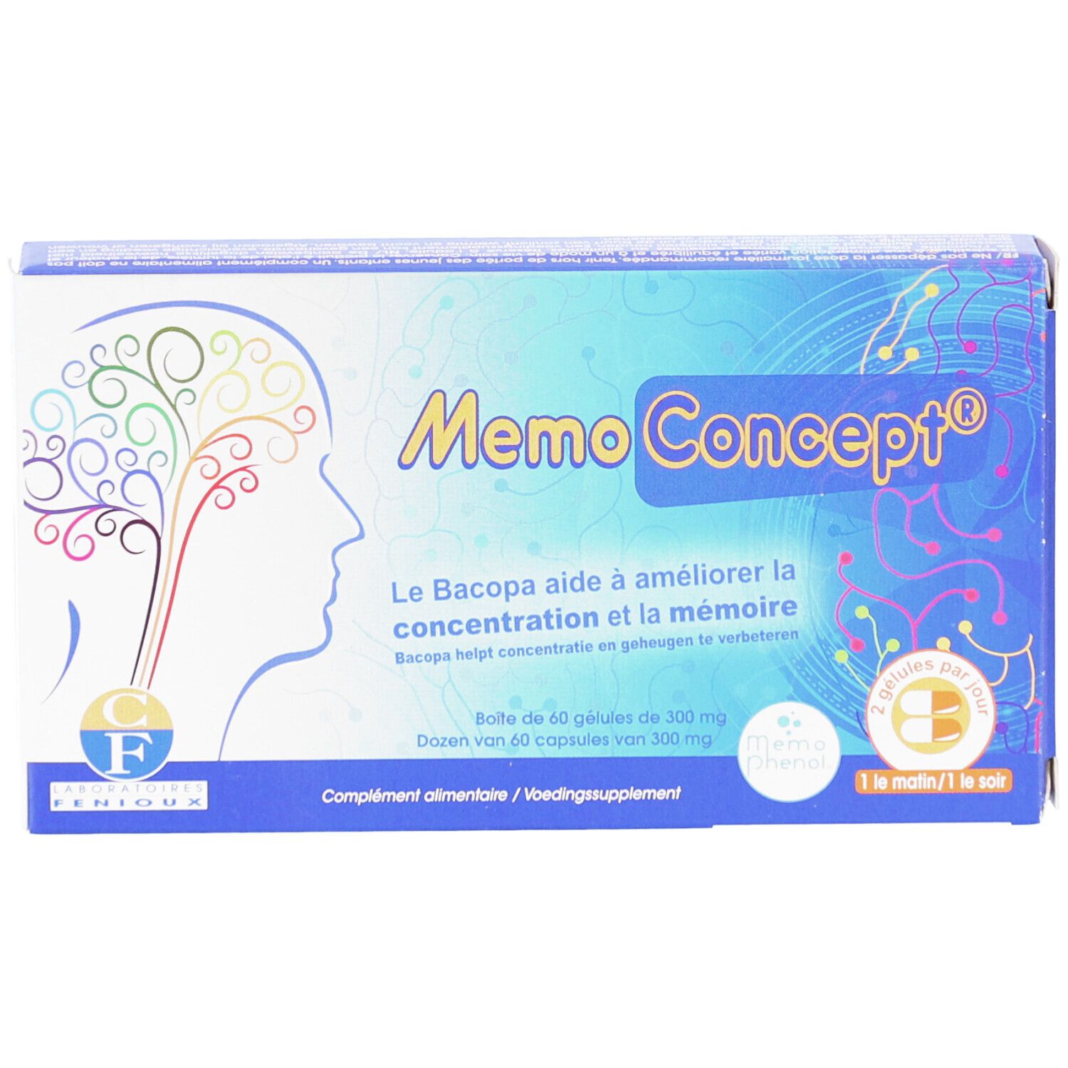 Boîte de gélules Memoconcept. Emballage bleu et blanc avec nom du produit et illustration de cerveau.