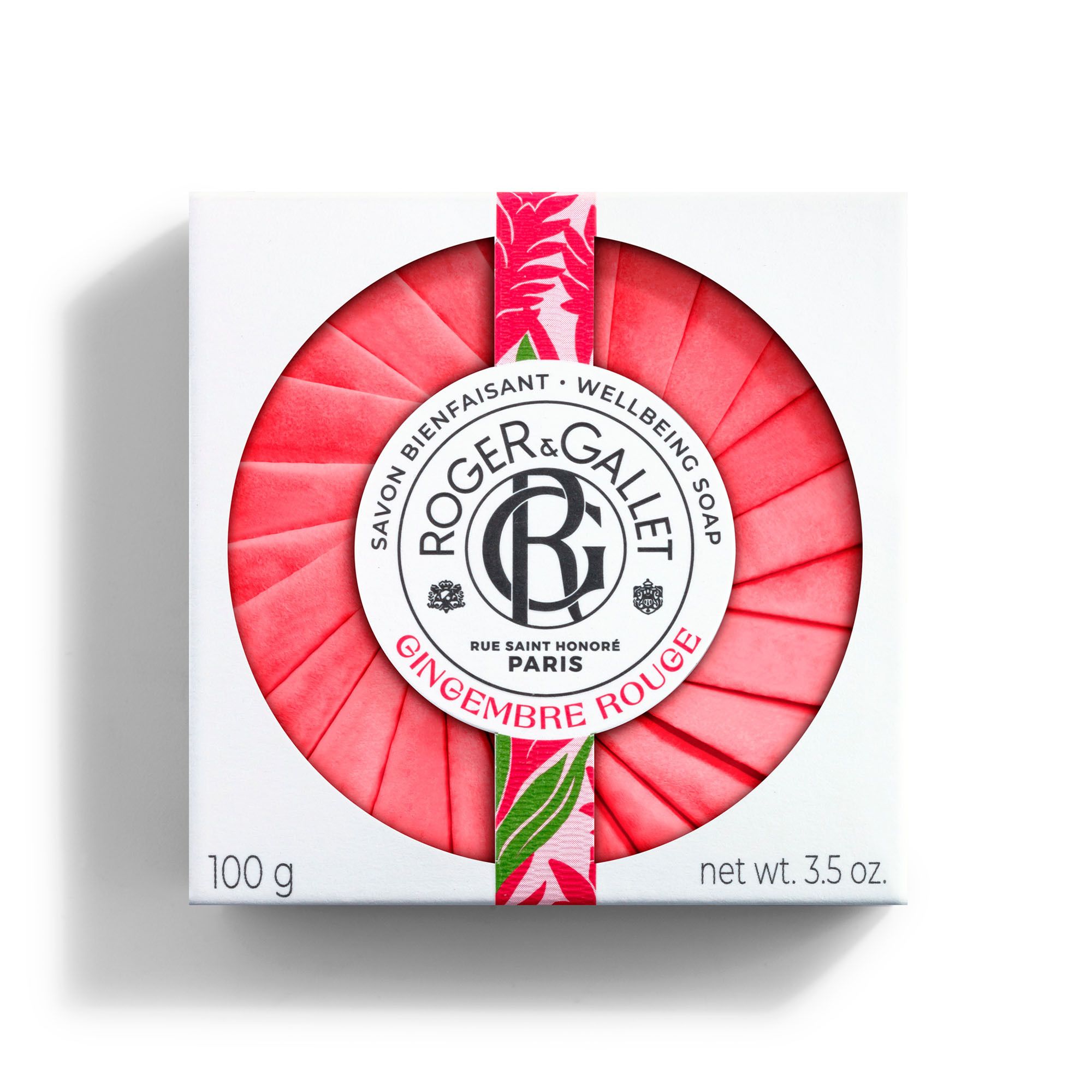 Boîte carrée blanche avec savon rouge rond. Marque Roger & Gallet, slogan « Gingembre Rouge ».