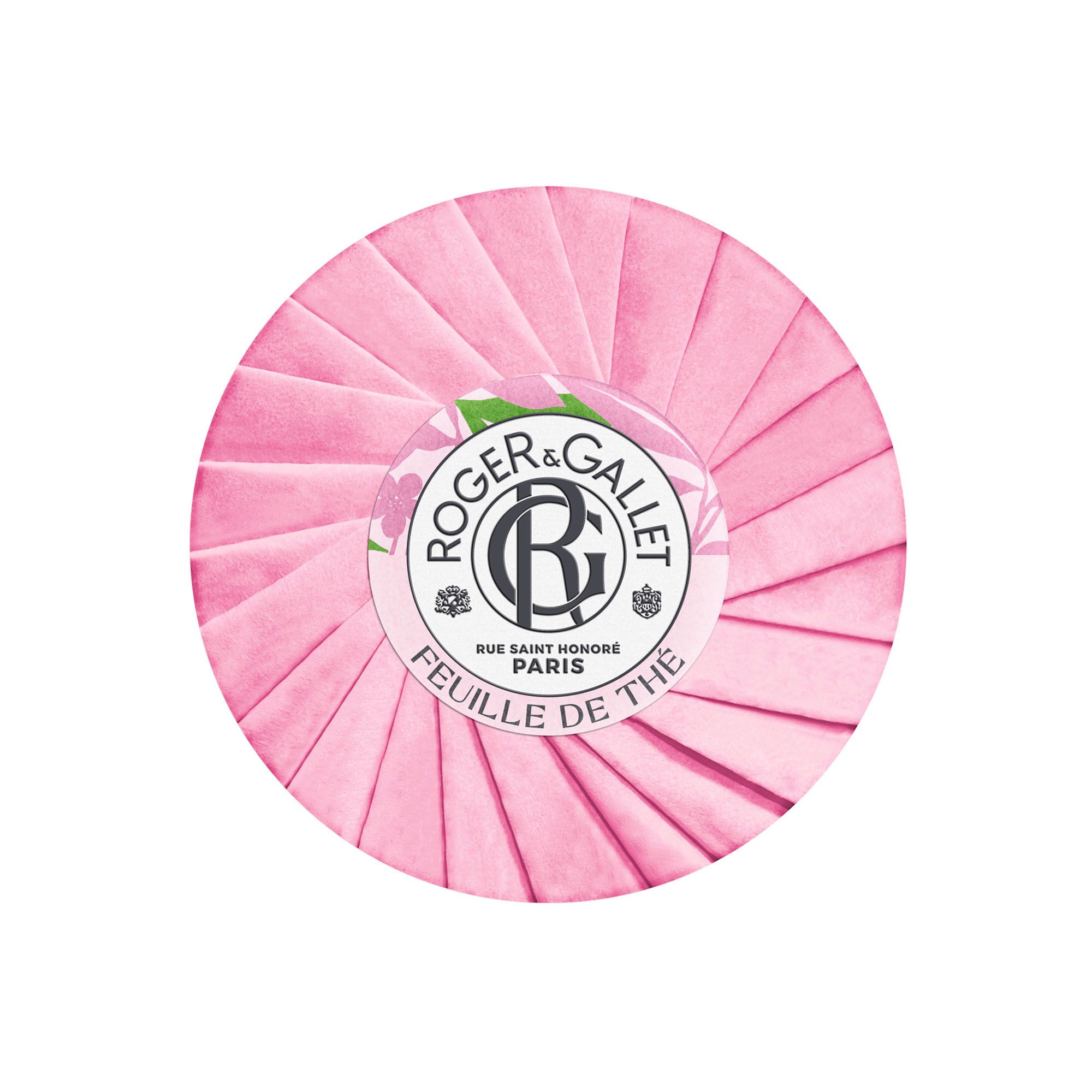 Arrière de l'emballage du savon Roger & Gallet "Feuille de Thé" avec informations produit.
