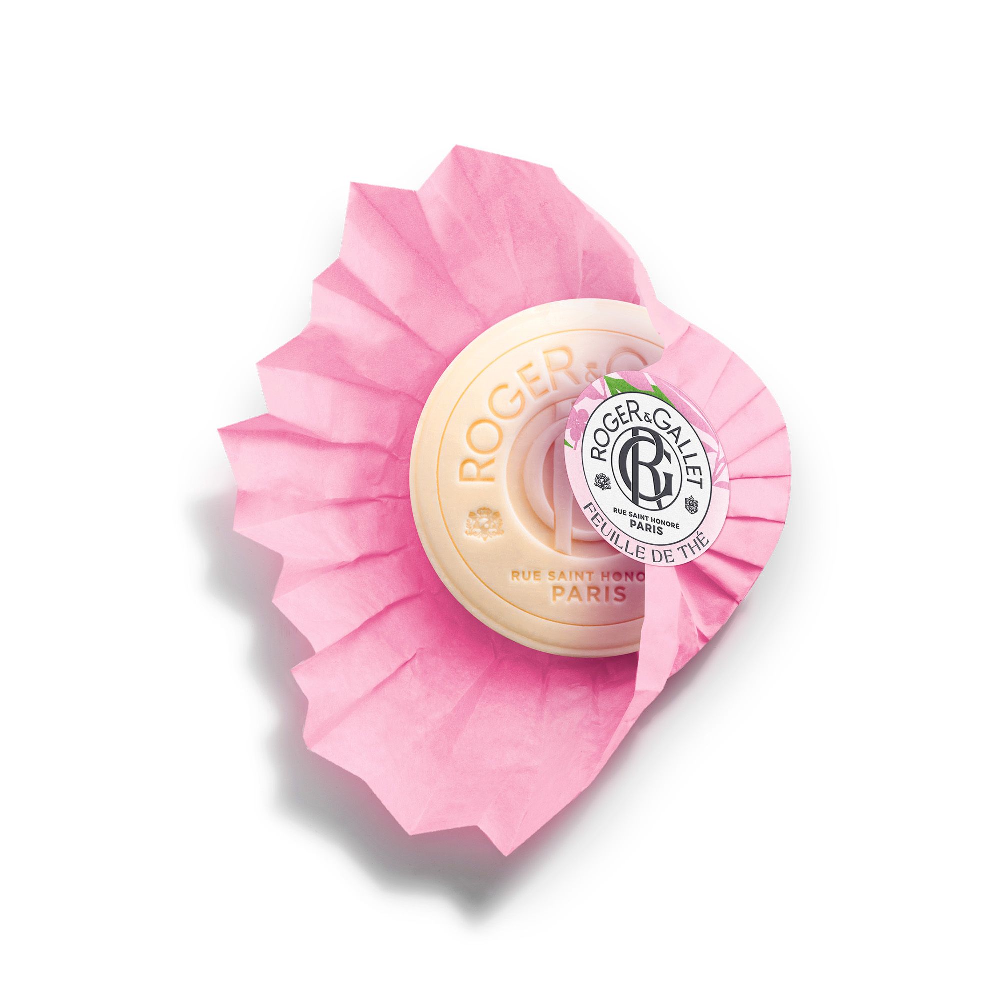 Côté de l'emballage du savon Roger & Gallet "Feuille de Thé" avec code-barres et adresses.