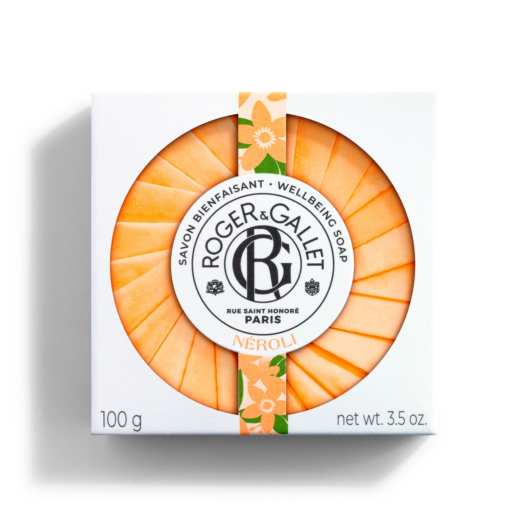 Boîte blanche avec savon rond orange. Marque Roger & Gallet, Néroli. Vue de dessus.