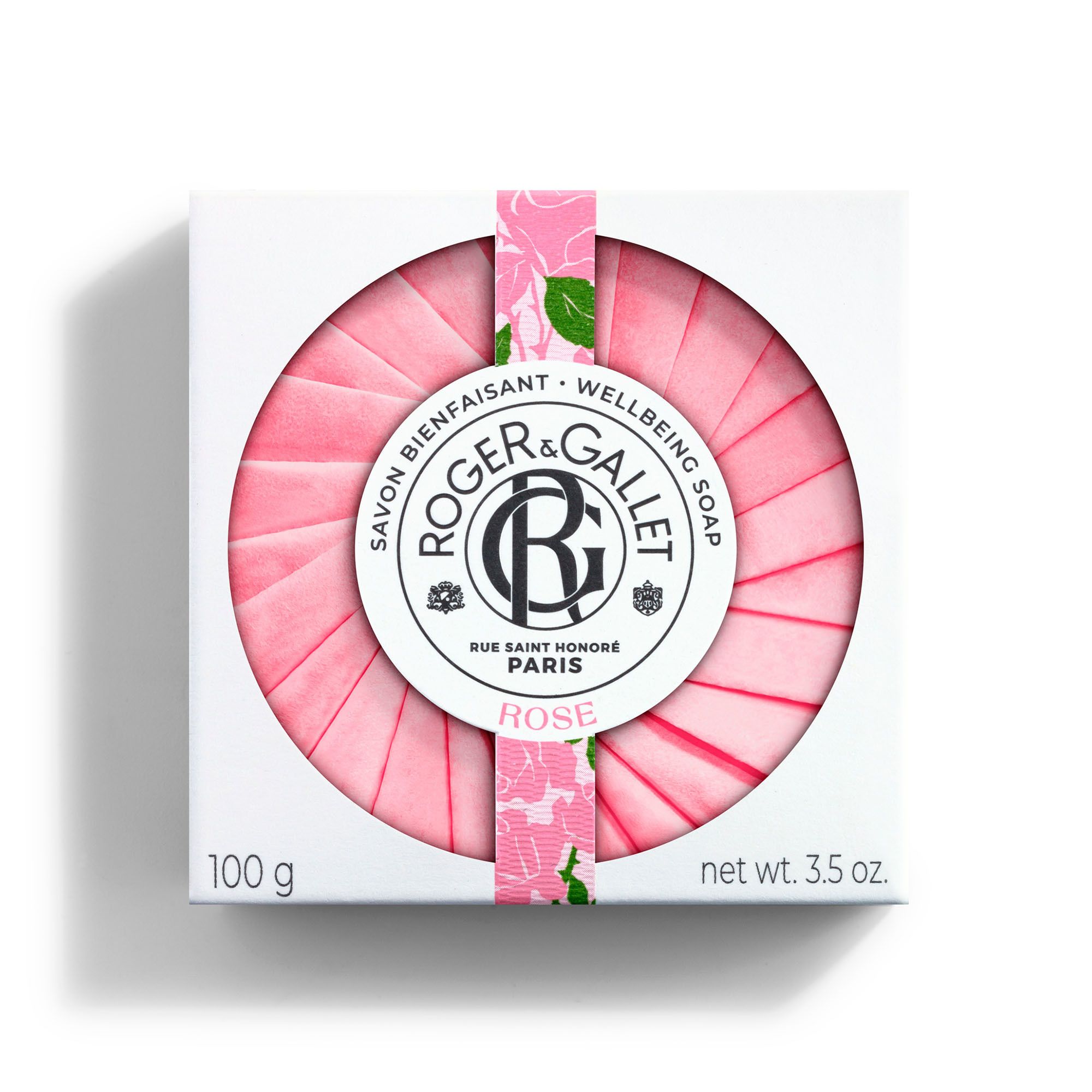 Savon Rose dans boîte blanche. Logo Roger & Gallet, Rose. 100g, 3.5 oz. Motif de roses.