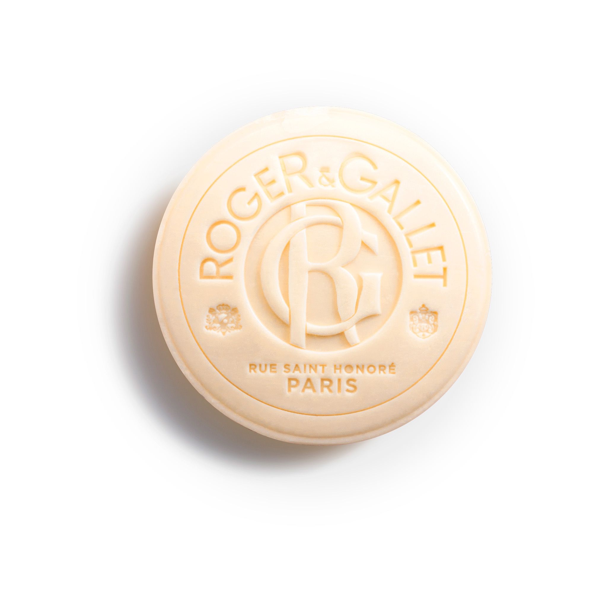 Savon rond. Logo Roger & Gallet, Rose. Inscription: Rue Saint Honoré Paris.