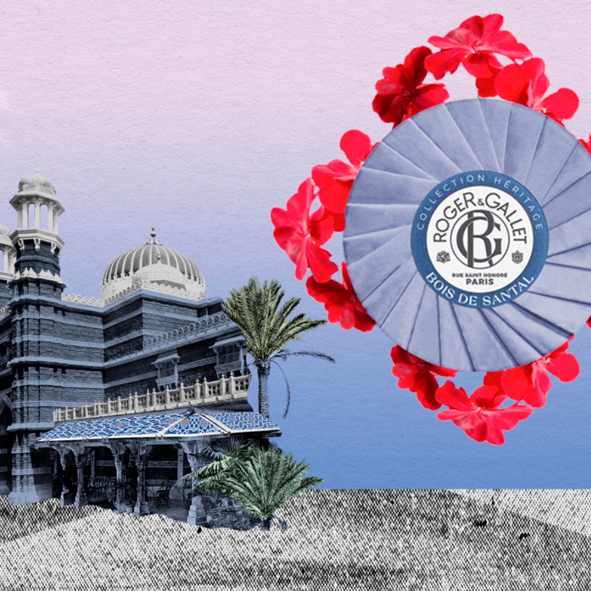 Savon, papier bleu, bâtiment, fleurs. Texte: Roger & Gallet, Bois de Santal. Collection Heritage.