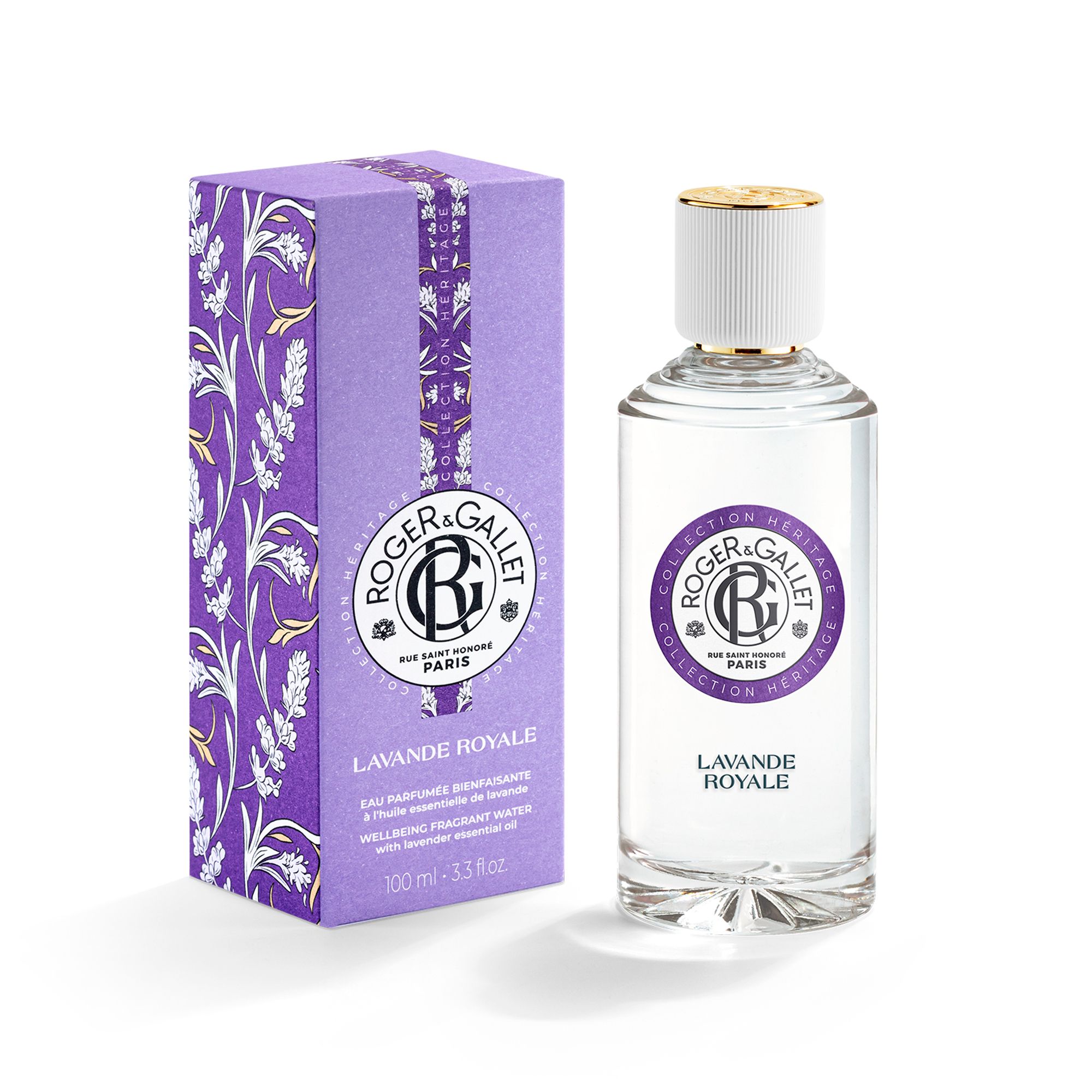 Flacon et emballage Roger & Gallet Lavande Royale. Bouteille et boîte violette.