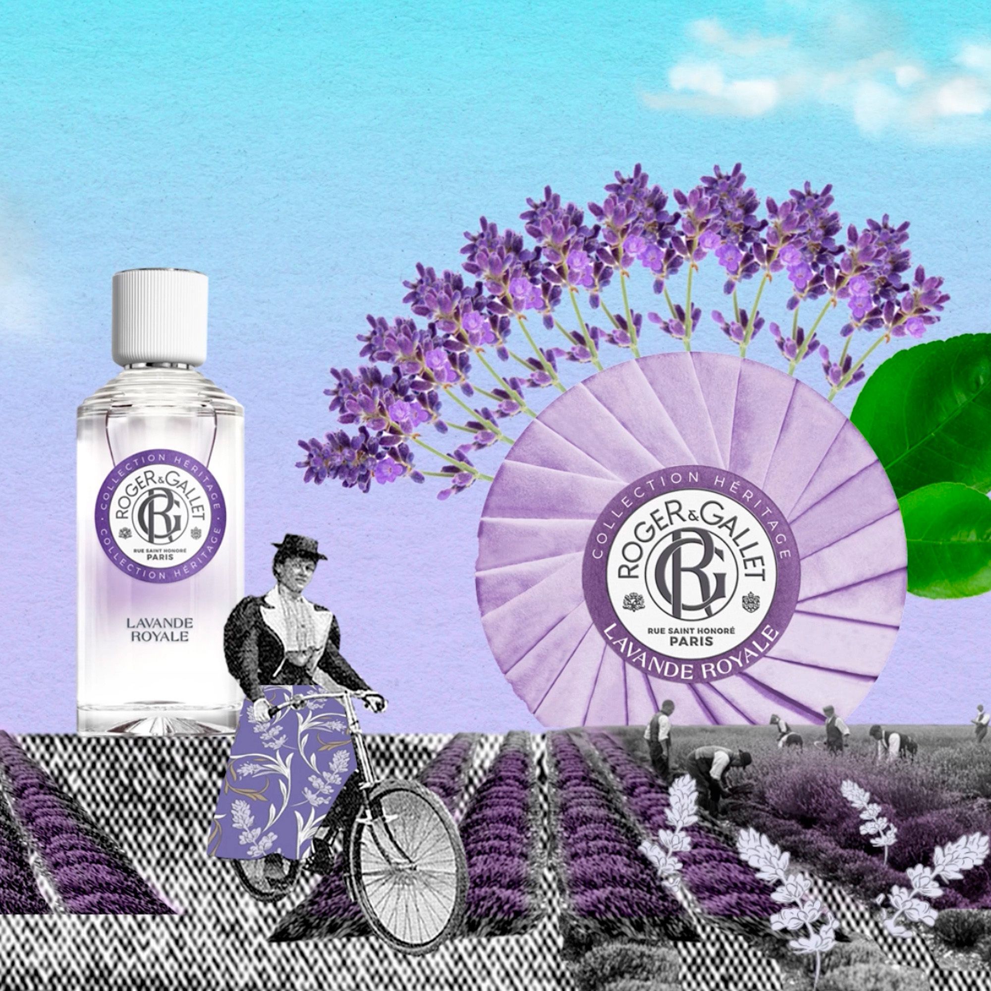 Composition avec Roger & Gallet Lavande Royale. Flacon, savon, lavande, femme à vélo.