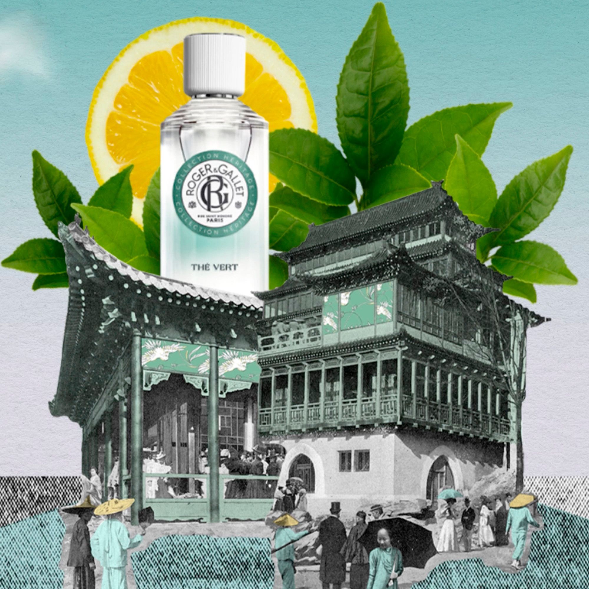 Composition avec flacon, citron, feuilles et architecture asiatique. Logo ROGER & GALLET. Inscription THE VERT.