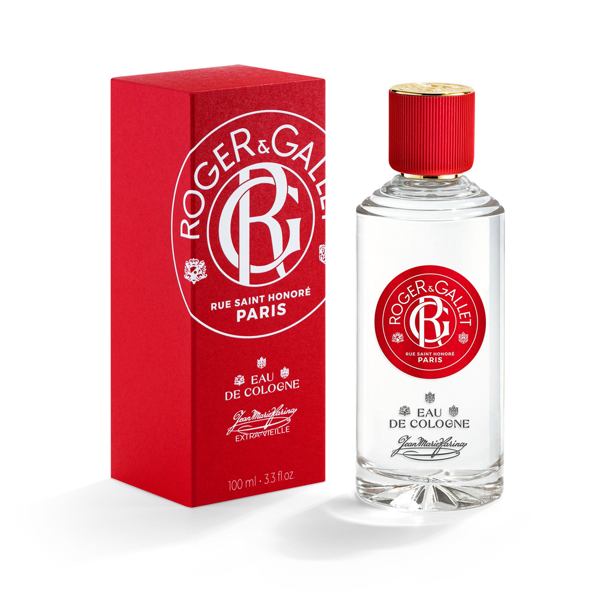 Flacon et boîte. Inscription: ROGER & GALLET, Eau de Cologne, JEAN MARIE FARINA. 100 ml.