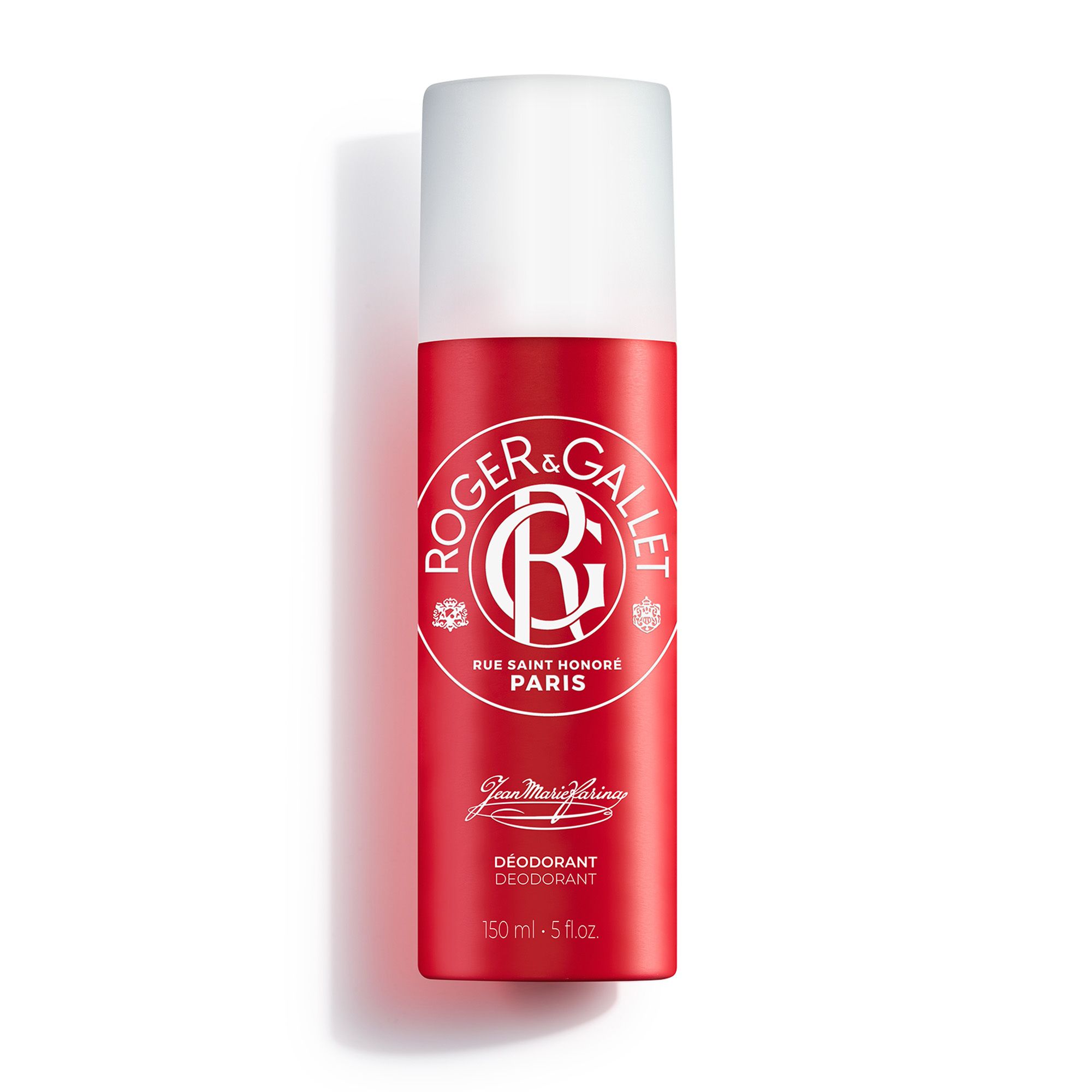 Flacon de déodorant rouge avec bouchon blanc. Logo Roger & Gallet, texte: Rue Saint Honoré Paris, Jean Marie Farina, Déodorant.