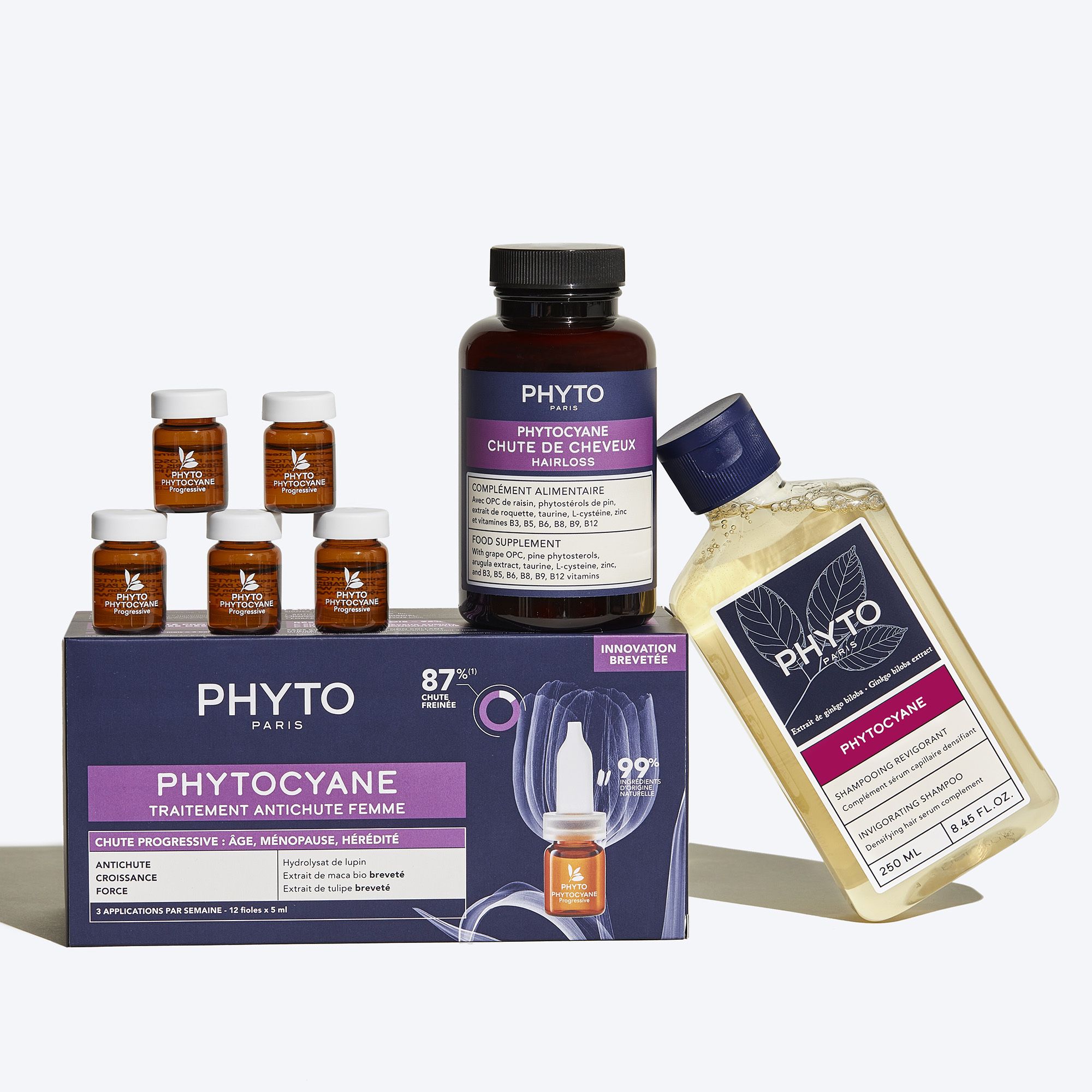 Ampoule brune avec applicateur blanc. Inscription: PHYTO, PHYTOCYANE Progressive. Liquide visible.