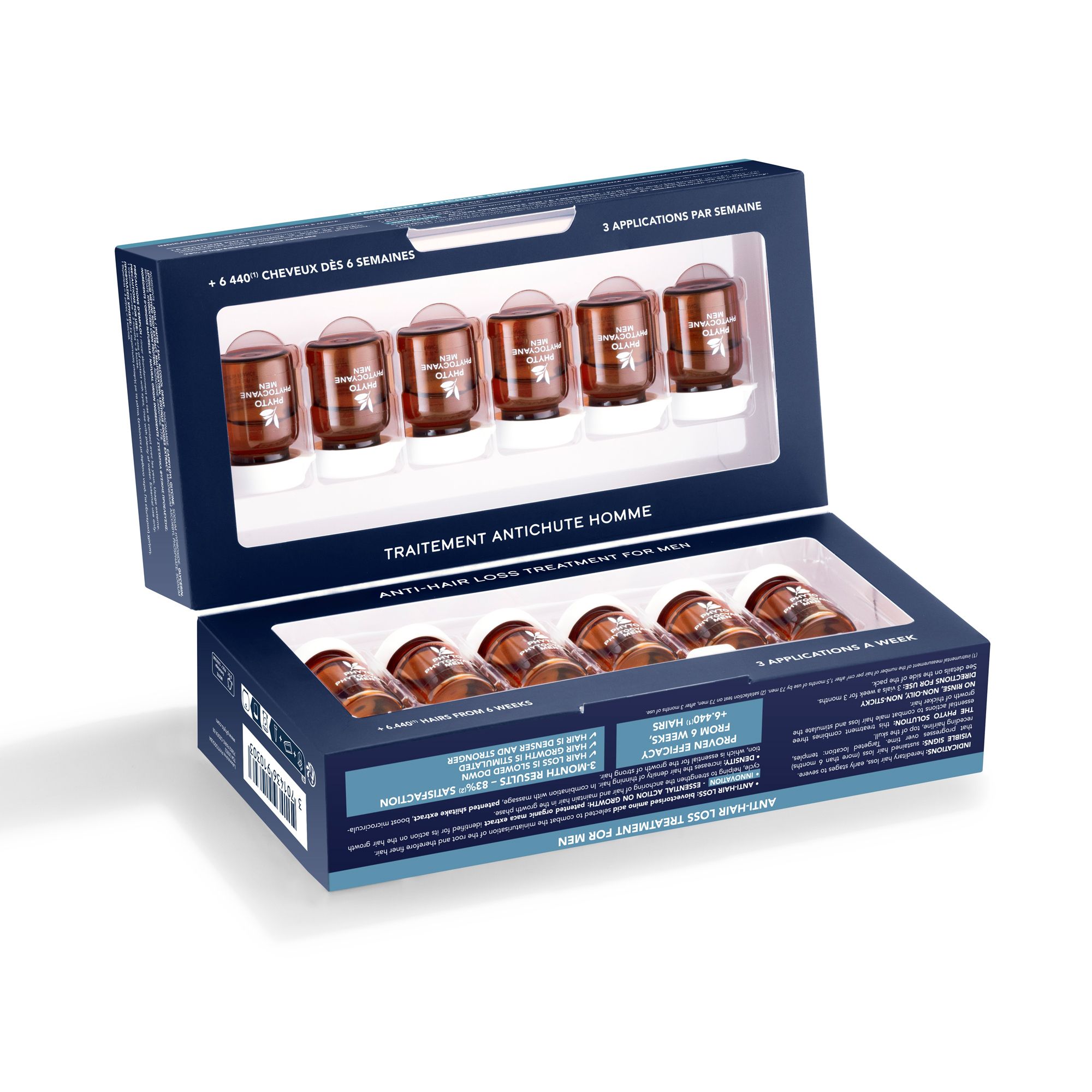 Boîte ouverte avec 6 ampoules. Inscription : PHYTO-CYANE-MEN, traitement antichute homme.