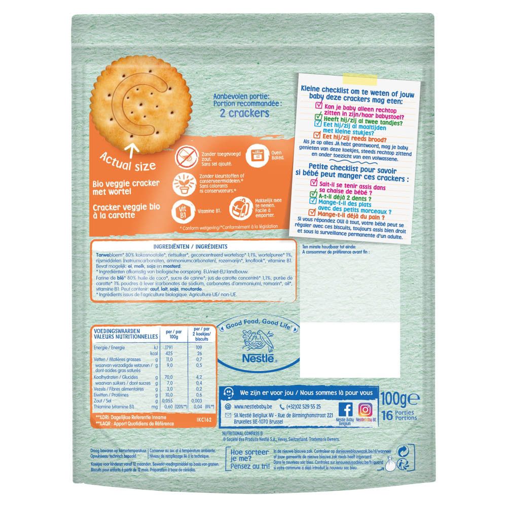 Dos du paquet NESTLE® Baby Snack Veggie Karottencracker. Texte, informations nutritionnelles, code-barres, logo. 100g.