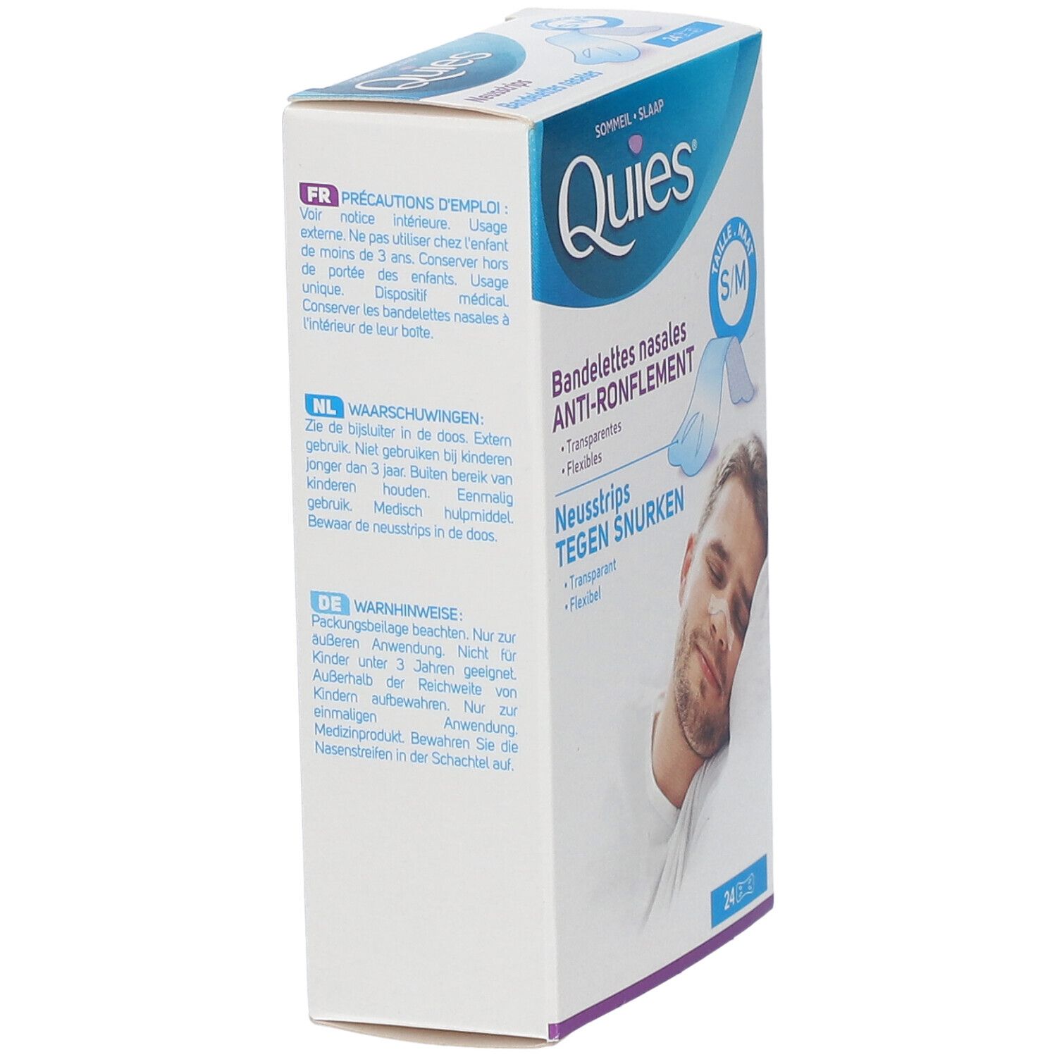 Vue latérale de la boîte QUIES. Texte en allemand, français et néerlandais. Avertissements et instructions.