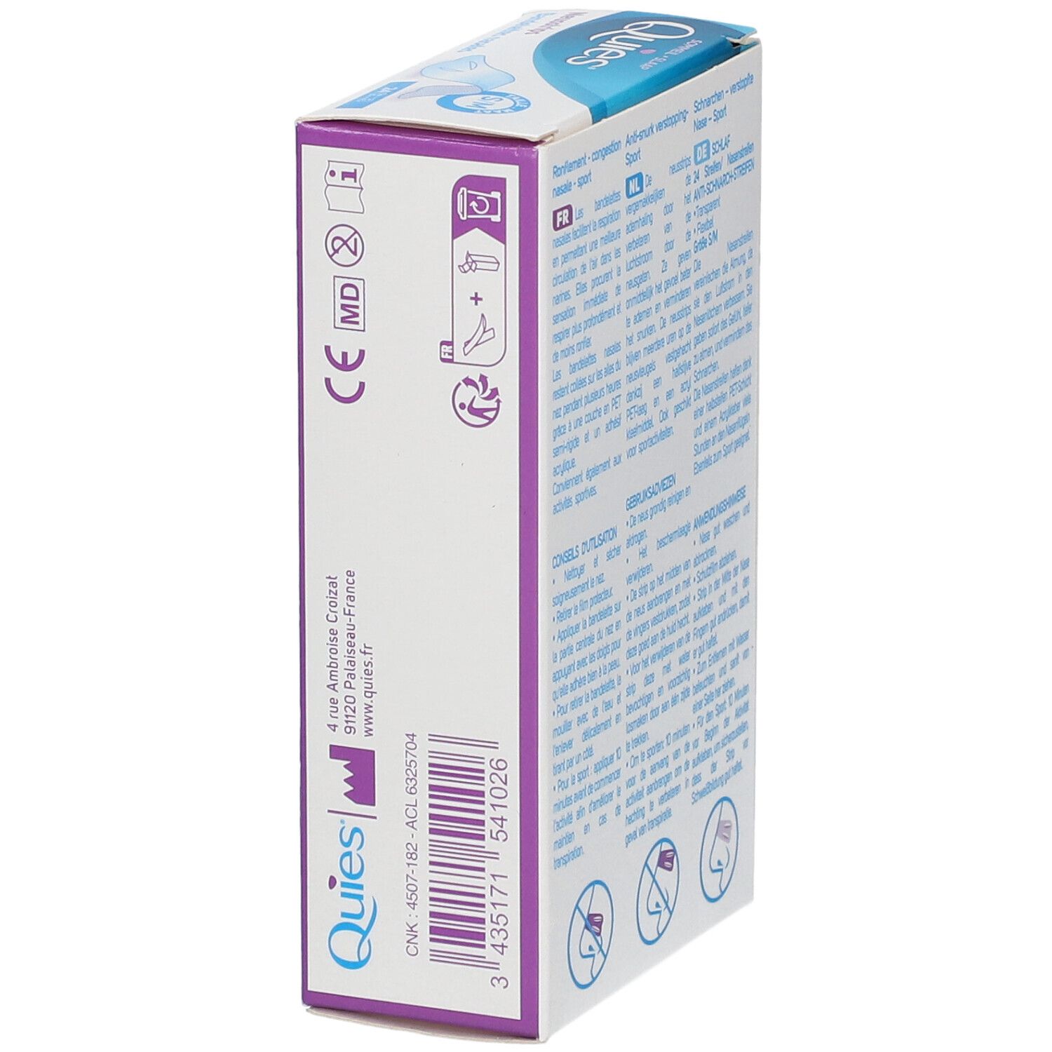 Vue latérale de la boîte QUIES. Texte et logos. Marquage dispositif médical.