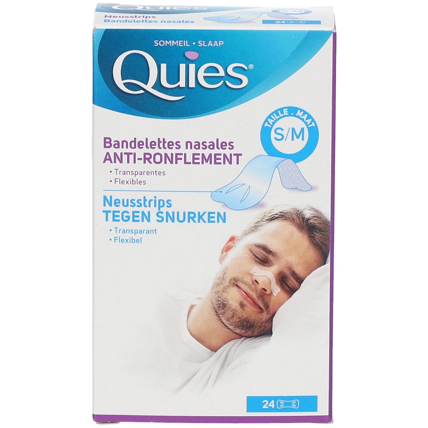 Boîte QUIES. Bandelettes nasales anti-ronflement S/M. 24 unités. Homme avec bandelette nasale illustré.