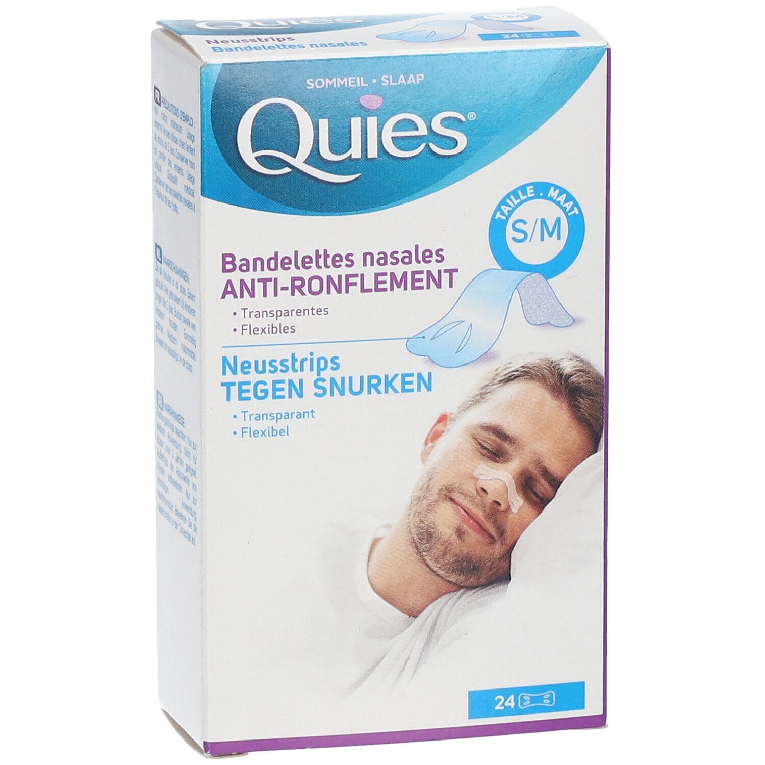 Boîte QUIES. Bandelettes nasales anti-ronflement S/M. 24 unités. Homme avec bandelette nasale illustré.