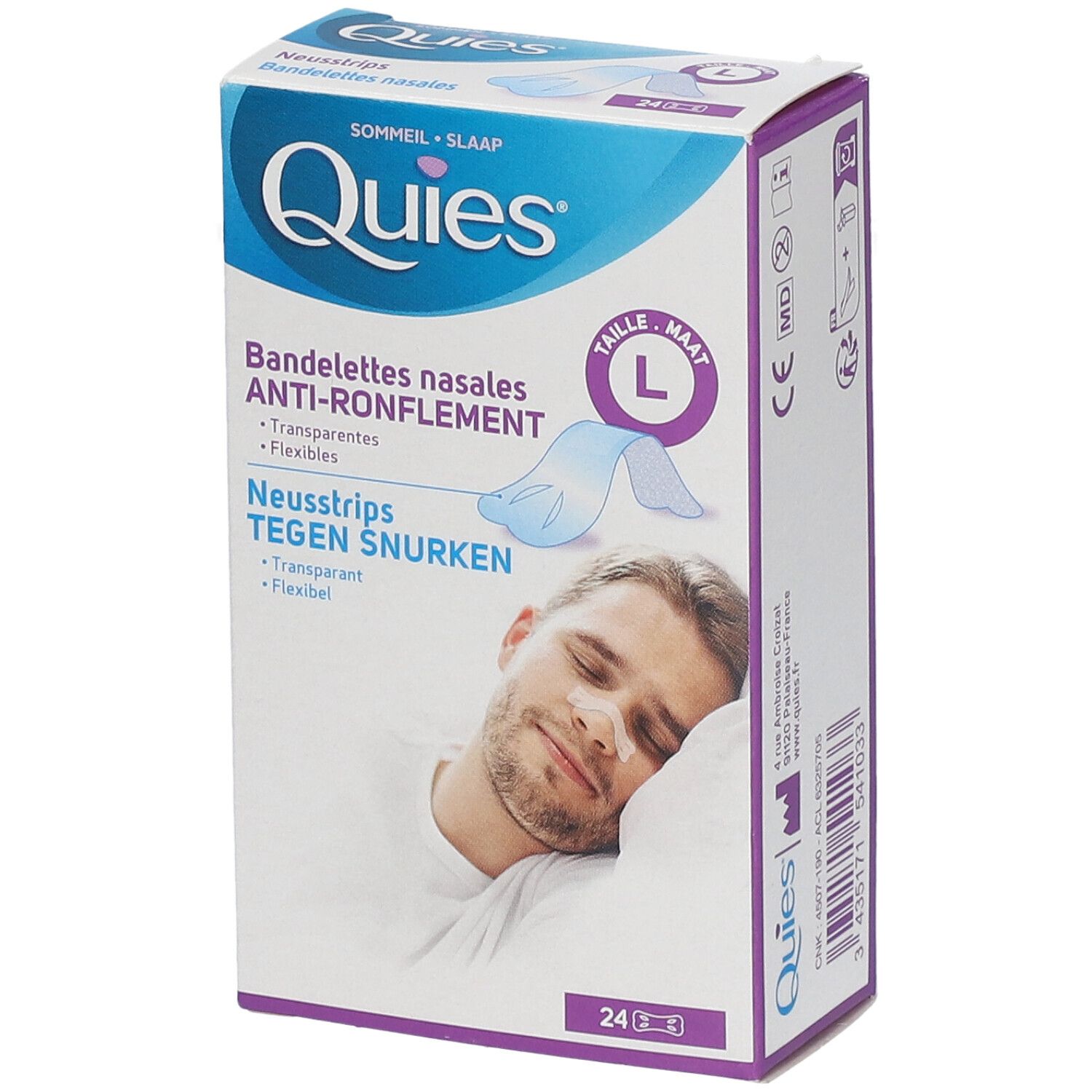 Boîte QUIES de bandelettes nasales anti-ronflement, taille L. Homme avec bandelette nasale transparente.