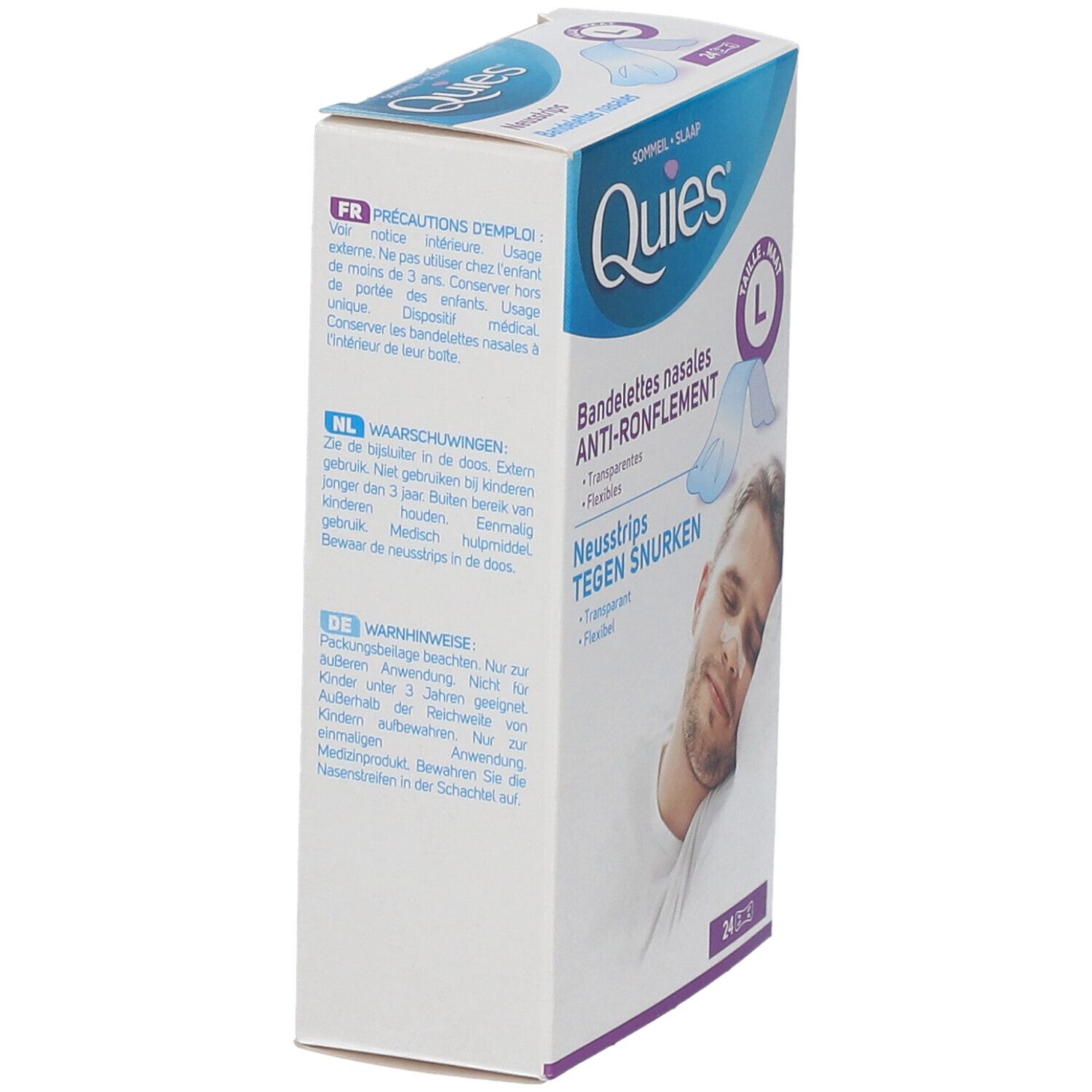 Côté boîte QUIES. Textes: Précautions d'emploi, Avertissements. Produit: Bandelettes nasales anti-ronflement, taille L.