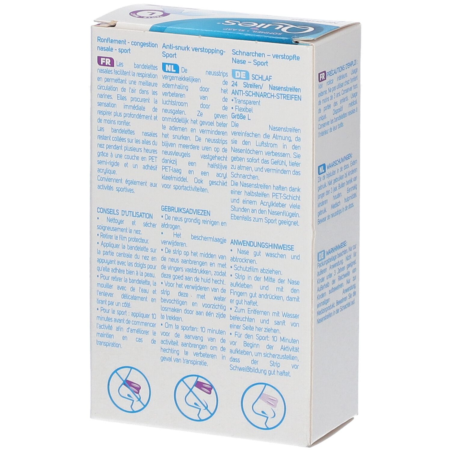 Dos de la boîte QUIES. Texte: Conseils d'utilisation. Produit: bandelettes nasales anti-ronflement. Illustrations.