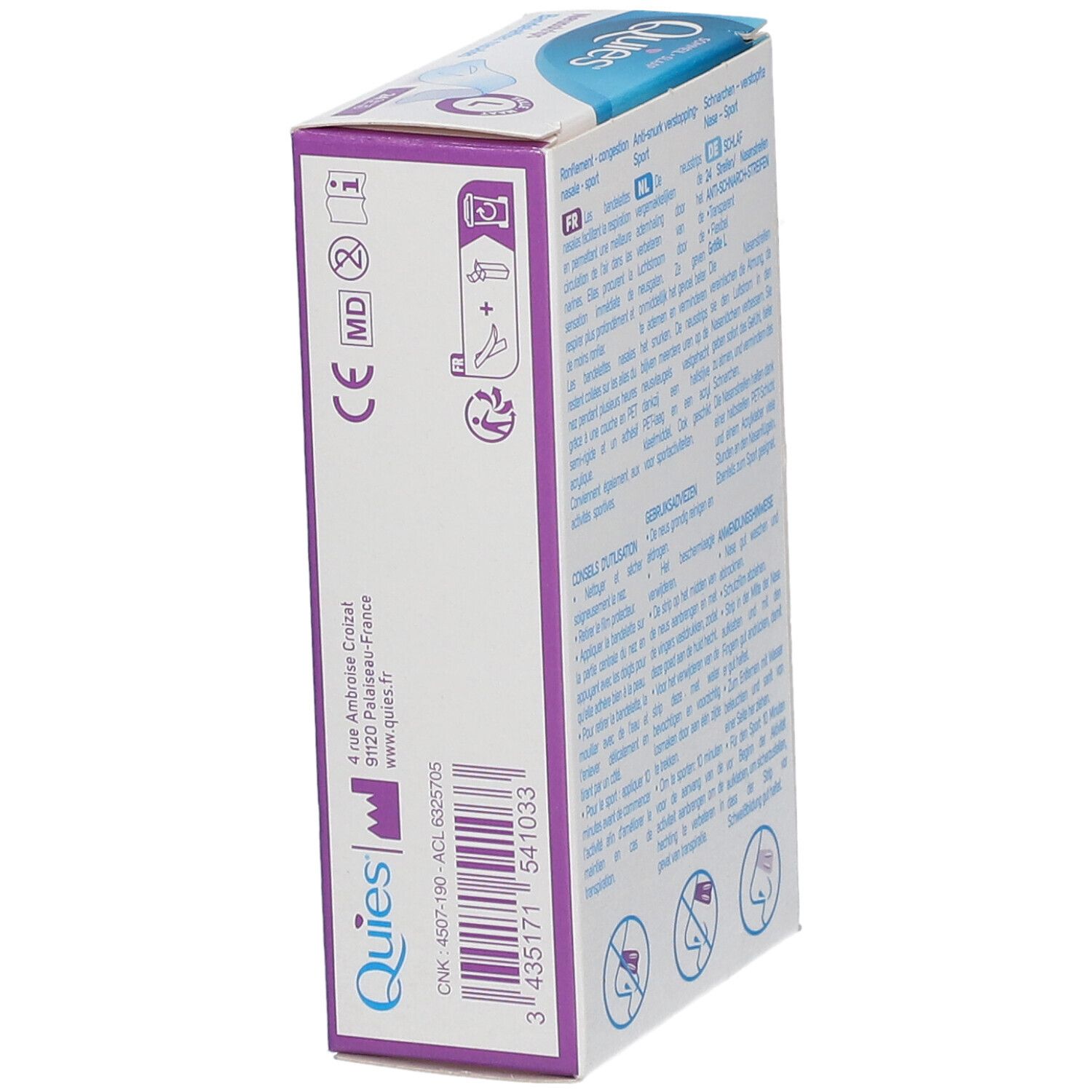Côté boîte QUIES. Texte: Adresse, marquage CE, symbole MD. Produit: bandelettes nasales anti-ronflement.