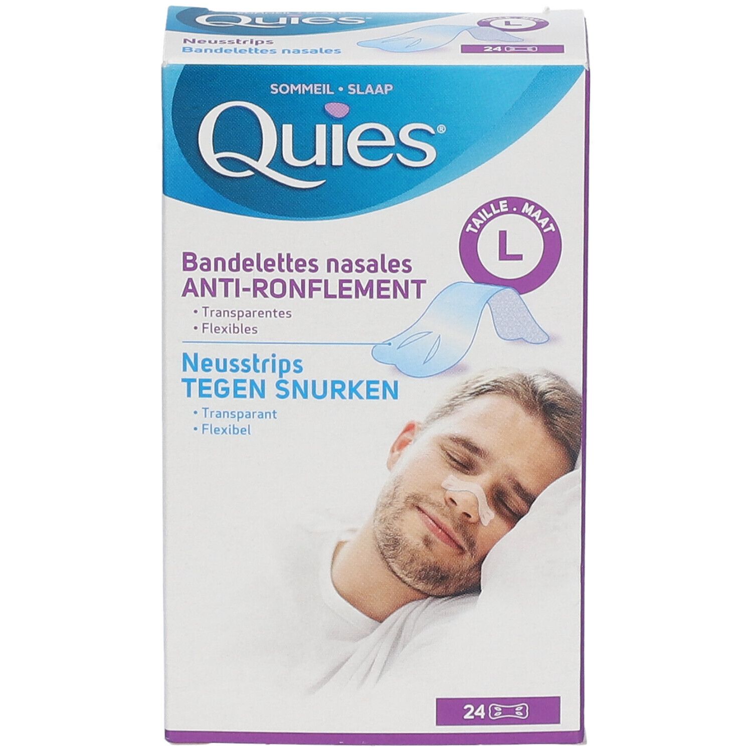 Boîte QUIES de bandelettes nasales anti-ronflement, taille L, 24 unités. Homme avec bandelette nasale.