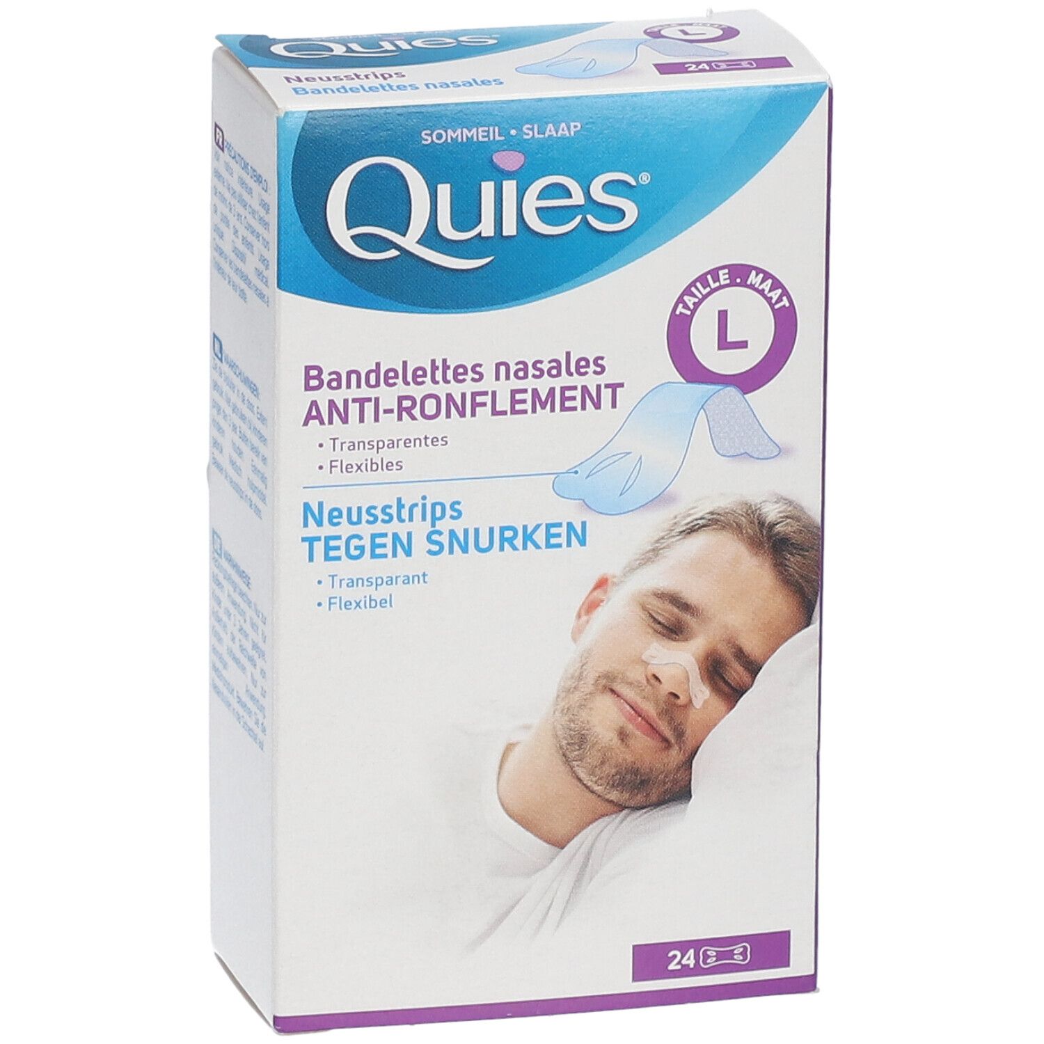 Boîte QUIES de bandelettes nasales anti-ronflement, taille L, 24 unités. Homme avec bandelette nasale.