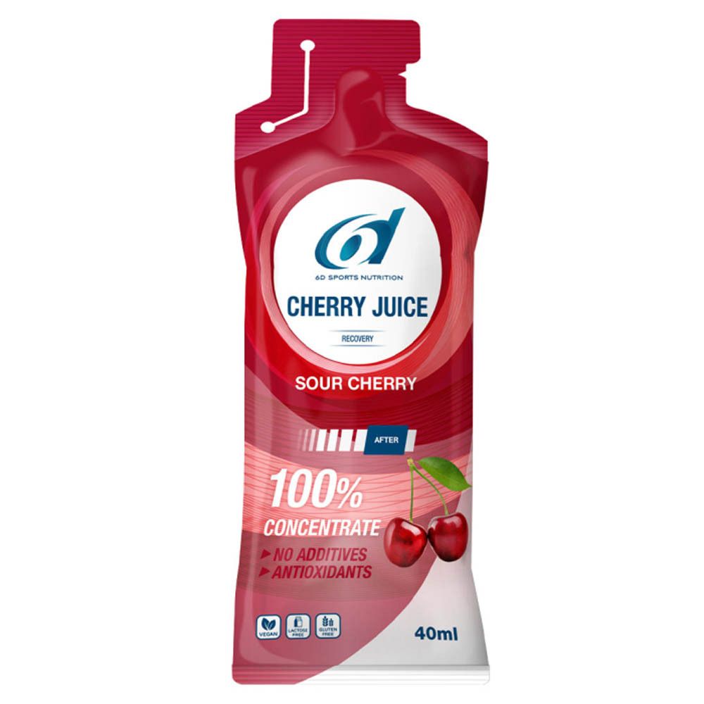 Emballage rouge allongé avec logo 6D Sports Nutrition et texte "Cherry Juice". Contient 100% concentré, sans additifs. Illustration de cerises.
