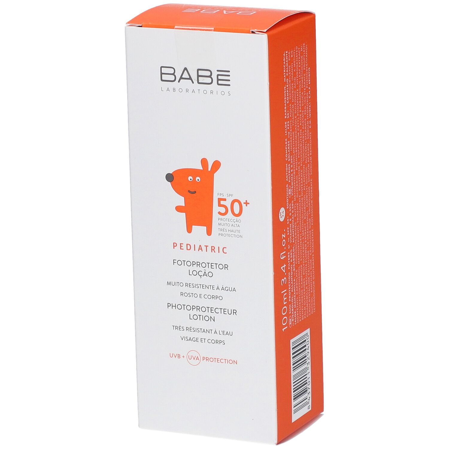 Emballage carton BABE avec logo et dessin enfant. Texte: PEDIATRIC, lotion solaire SPF 50+. Informations produit multilingues.