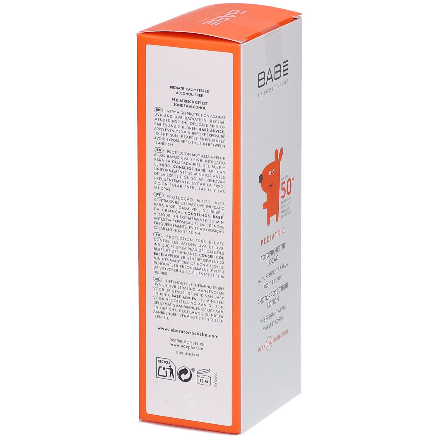 Emballage carton, logo BABE, dessin enfant, texte: PEDIATRIC, lotion solaire SPF 50+. Informations produit multilingues, ingrédients.