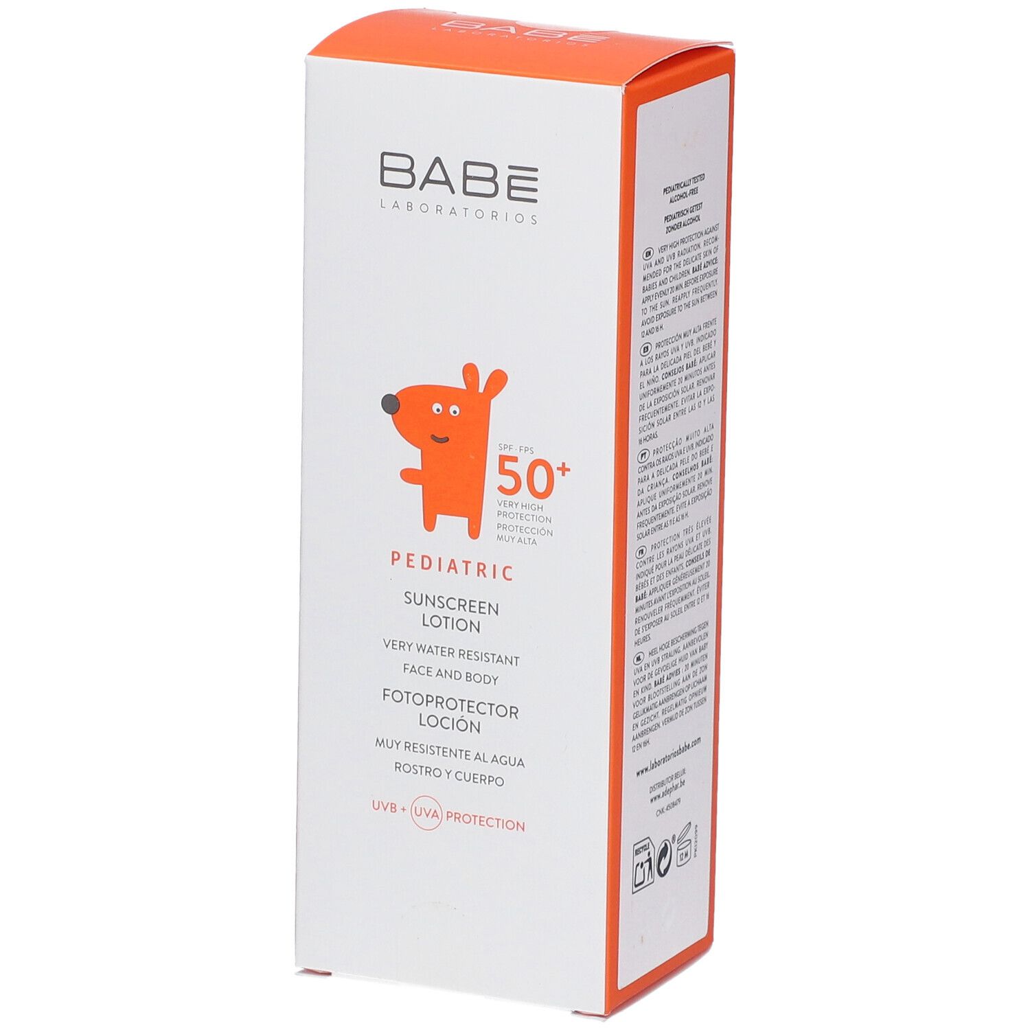 Emballage carton, logo BABE, dessin enfant, texte: PEDIATRIC, lotion solaire SPF 50+. Informations produit multilingues.
